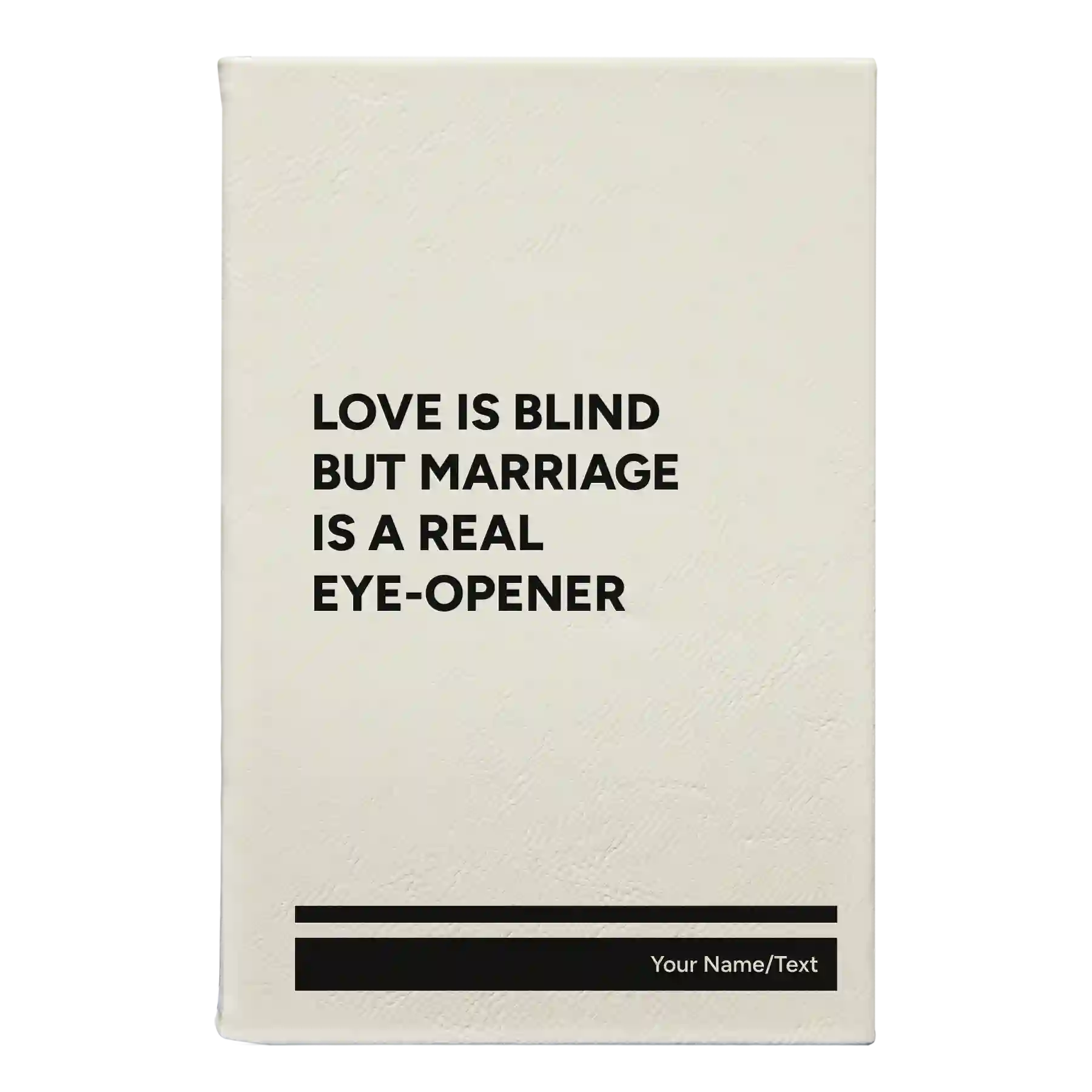 Small white leatherette journal laser etched with 'Love is Blind' design