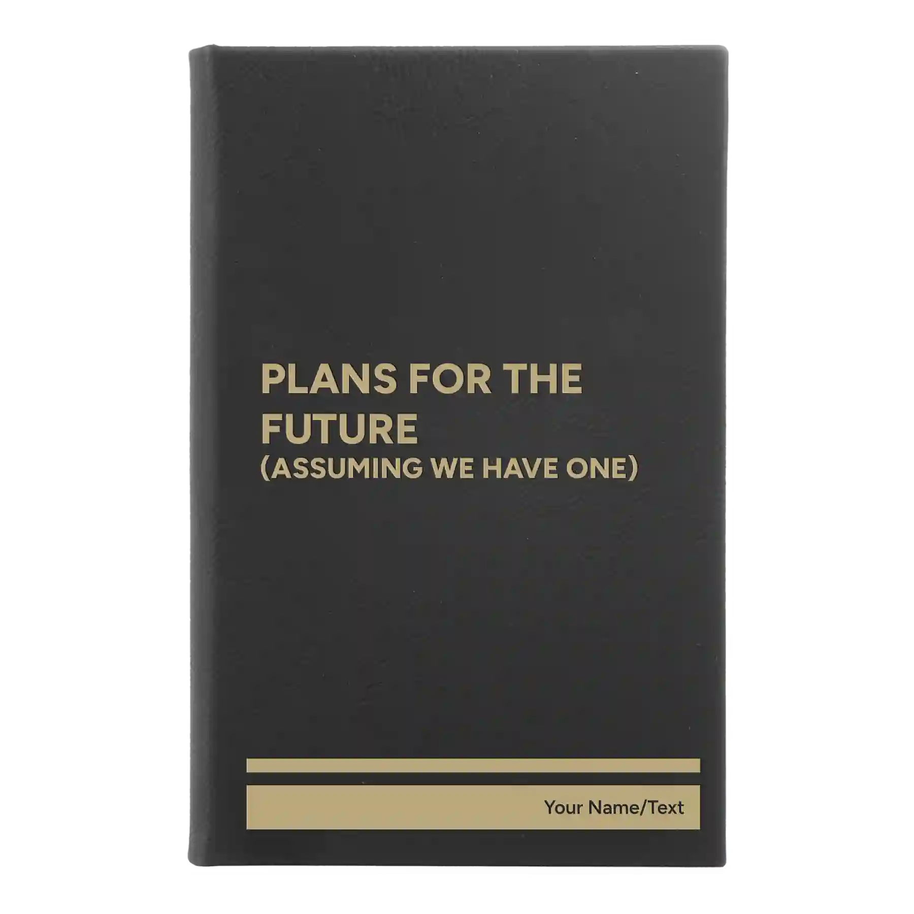 Small black/gold leatherette sketch book laser etched with 'Plans for the Future' design