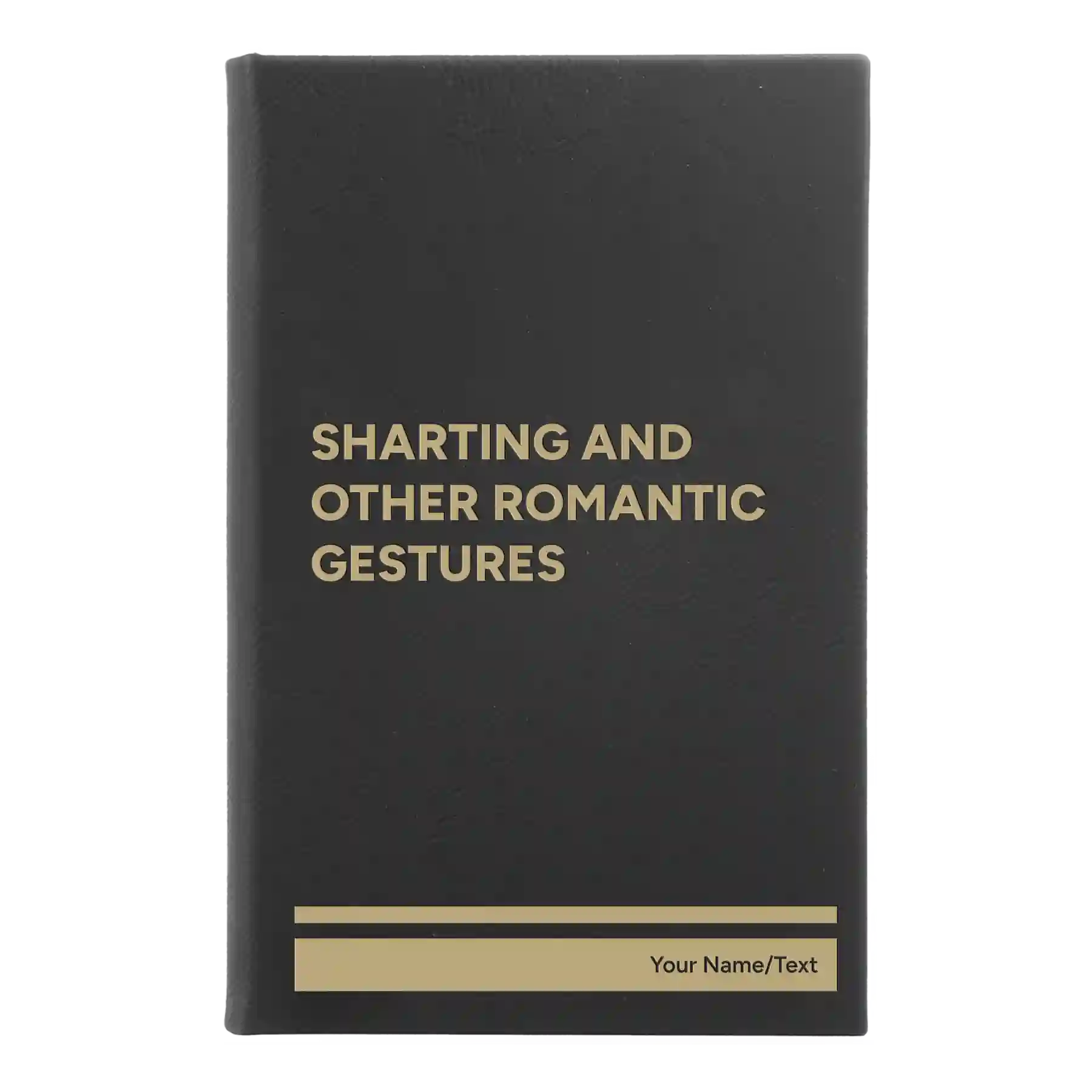 Small black/gold leatherette sketch book laser etched with 'Sharting' design
