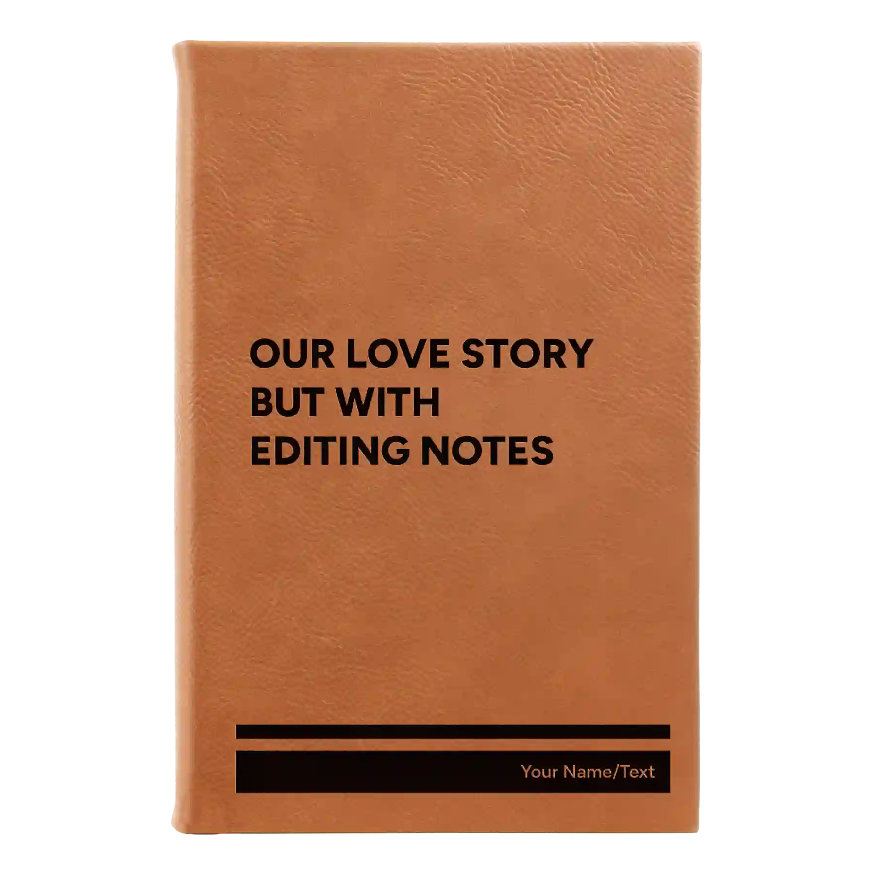 Small rawhide leatherette journal laser etched with 'Our Love Story' design