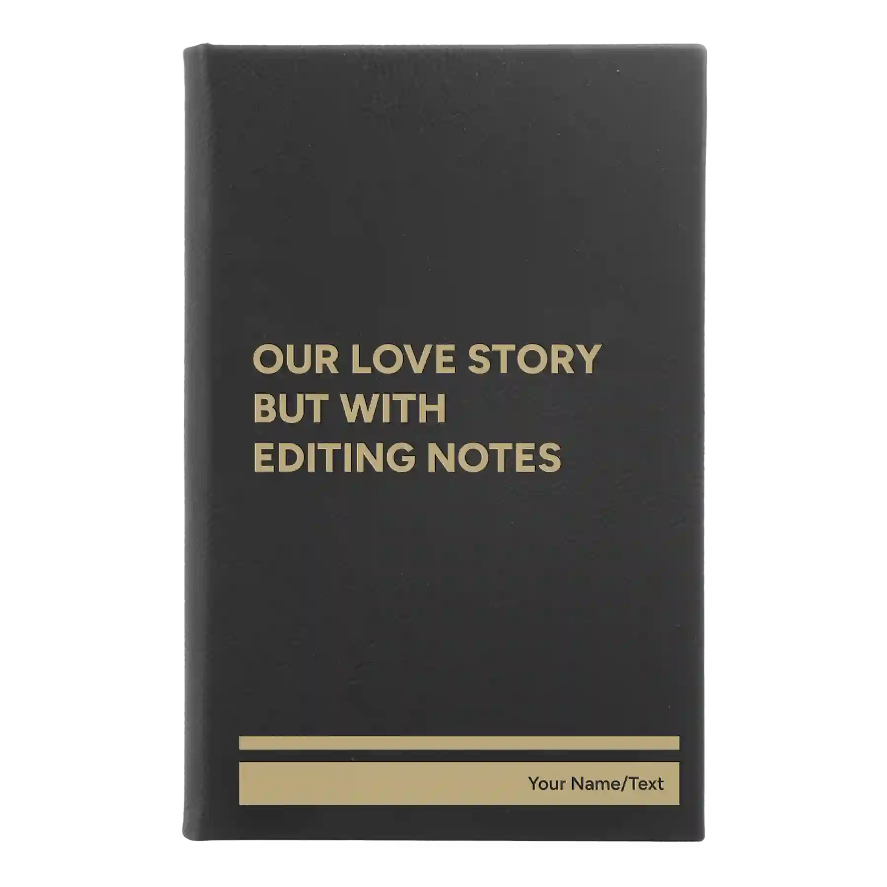 Small black/gold leatherette sketch book laser etched with 'Our Love Story' design