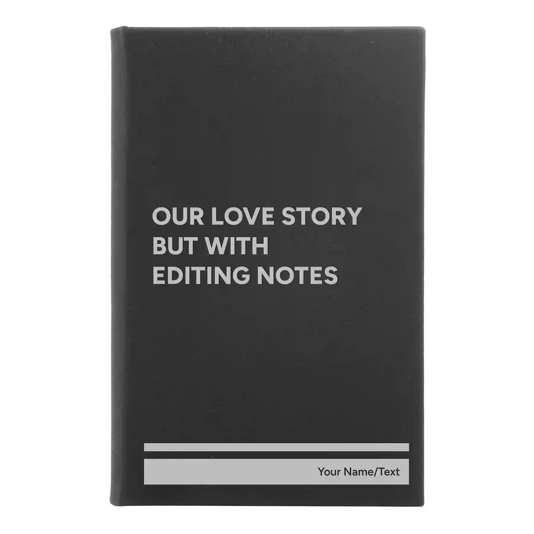 Small black/silver leatherette sketch book laser etched with 'Our Love Story' design