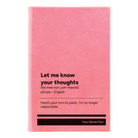 Small pink leatherette sketch book laser etched with 'Let Me Know Your Thoughts' design