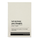 Small white leatherette sketch book laser etched with 'Let Me Know Your Thoughts' design
