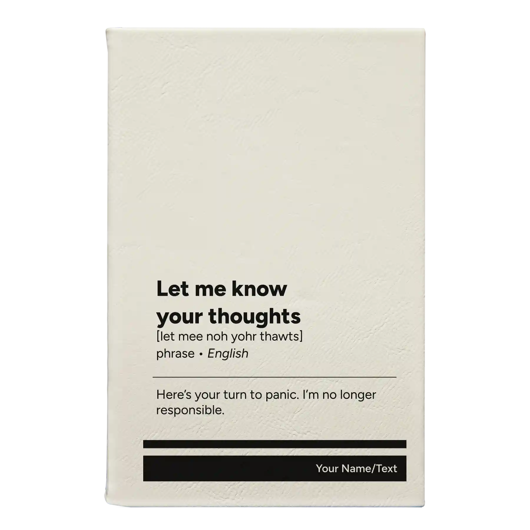 Small white leatherette sketch book laser etched with 'Let Me Know Your Thoughts' design