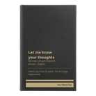 Small black/gold leatherette sketch book laser etched with 'Let Me Know Your Thoughts' design