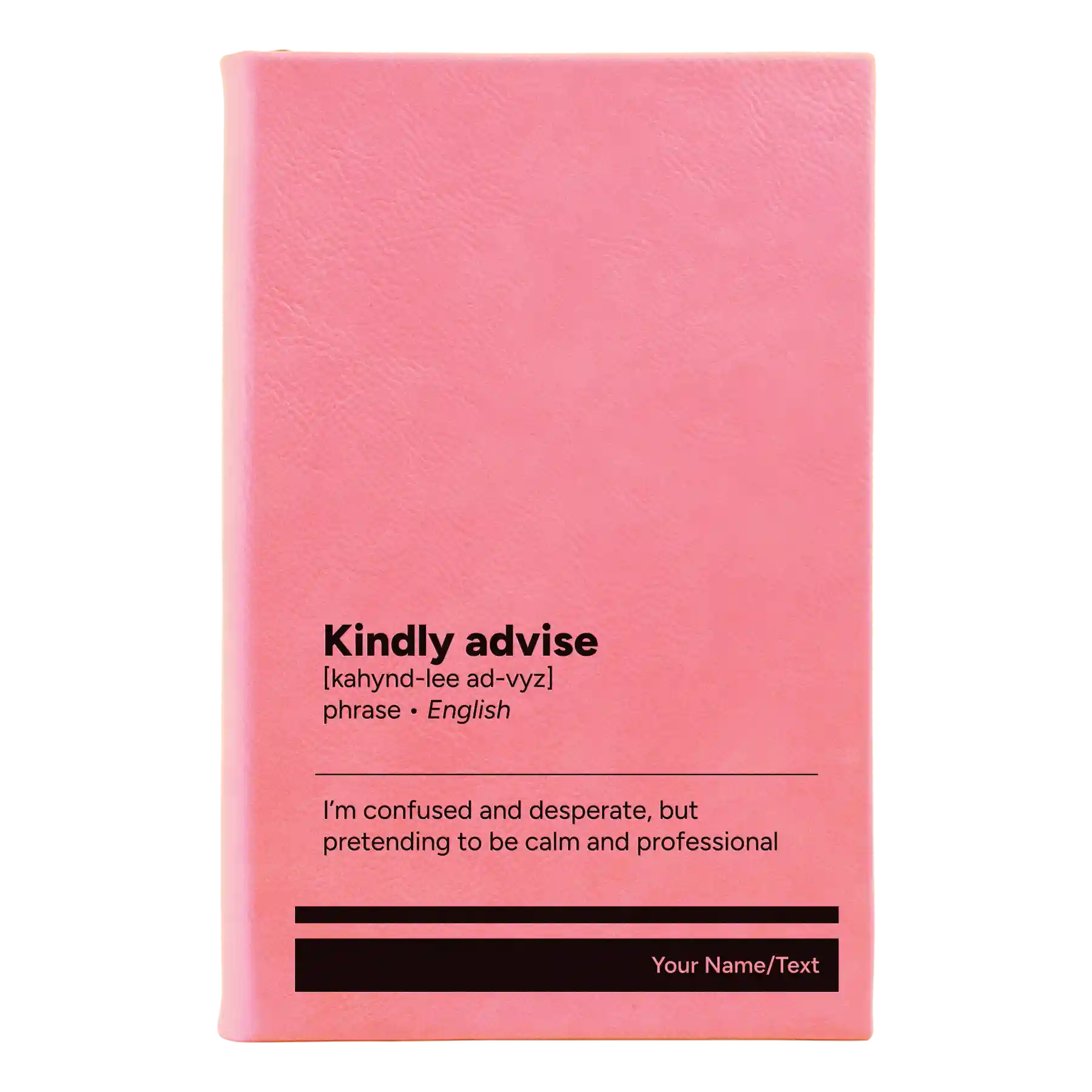 Small pink leatherette sketch book laser etched with 'Kindly Advise' design