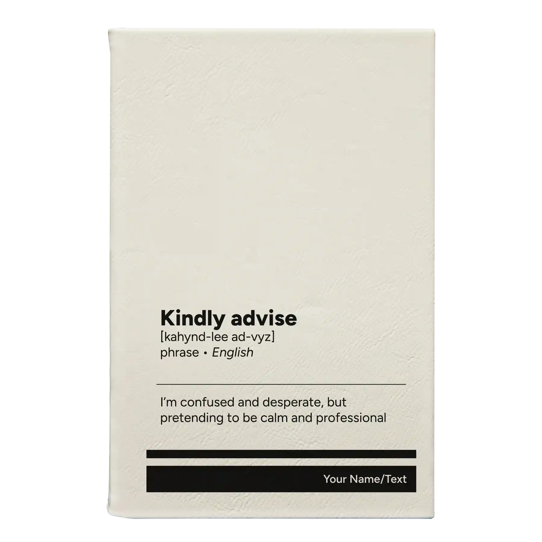 Small white leatherette sketch book laser etched with 'Kindly Advise' design