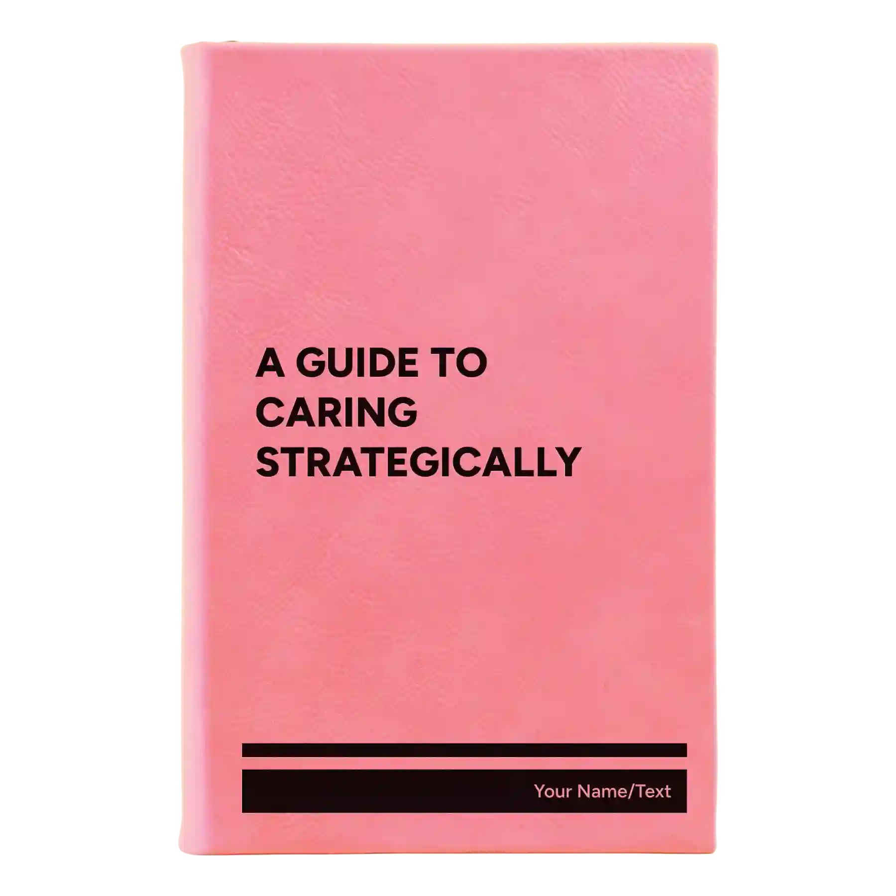 Small pink leatherette sketch book laser etched with 'A guide to caring strategically' design