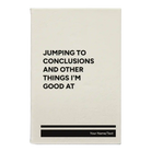Small white leatherette sketch book laser etched with 'Jumping to conclusions and other things Im good at' design
