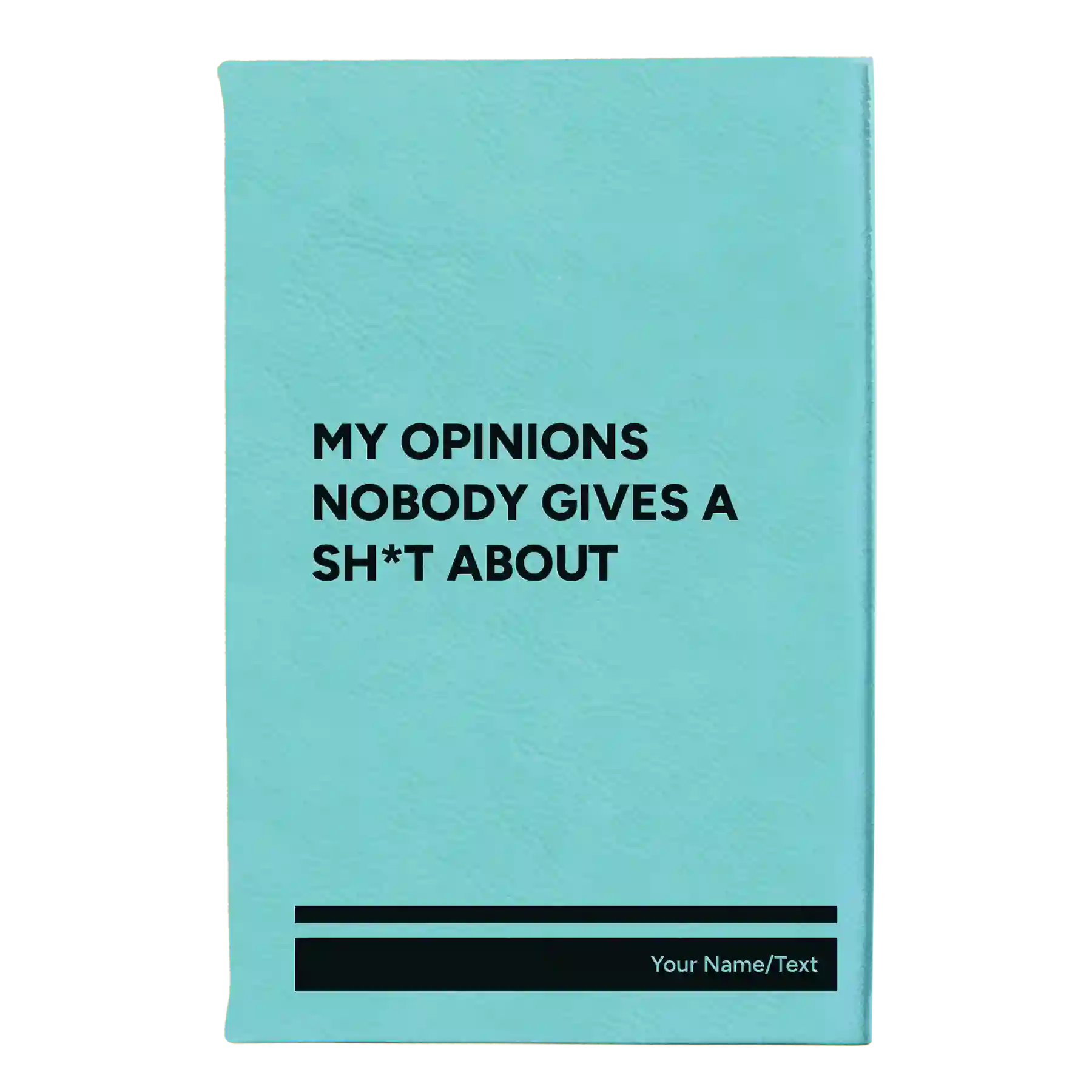 Small teal leatherette journal laser etched with 'My opinions nobody gives a sht about' design