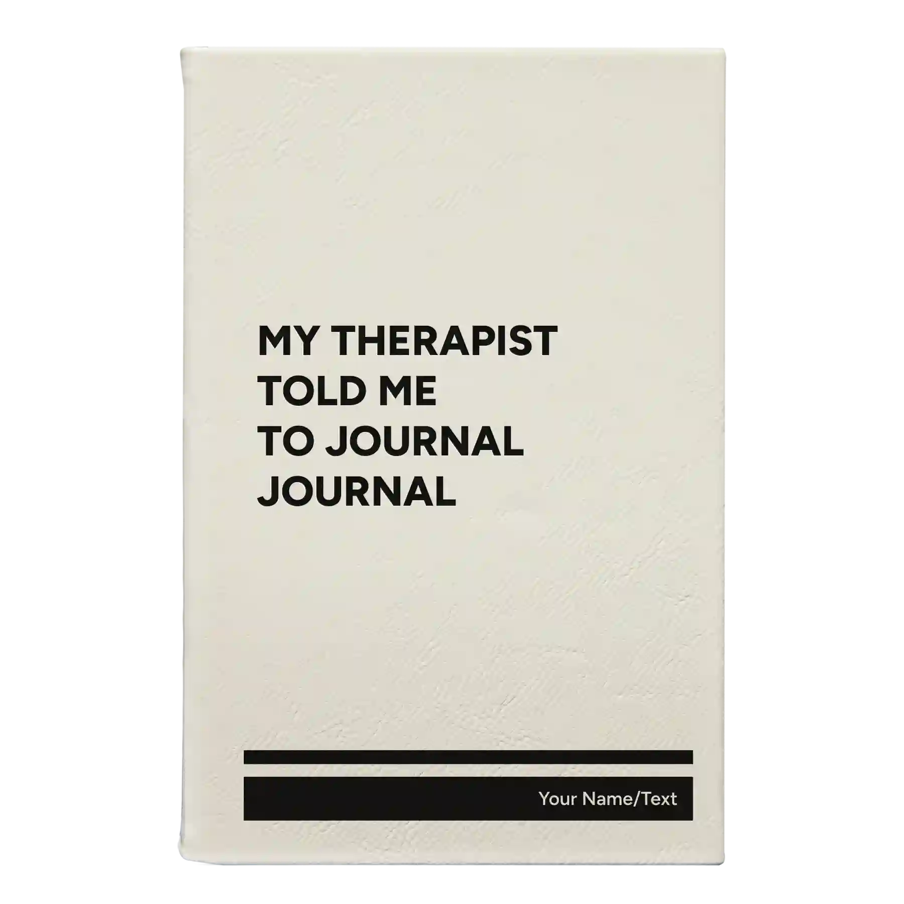 Small white leatherette sketch book laser etched with 'My therapist told me to journal' design