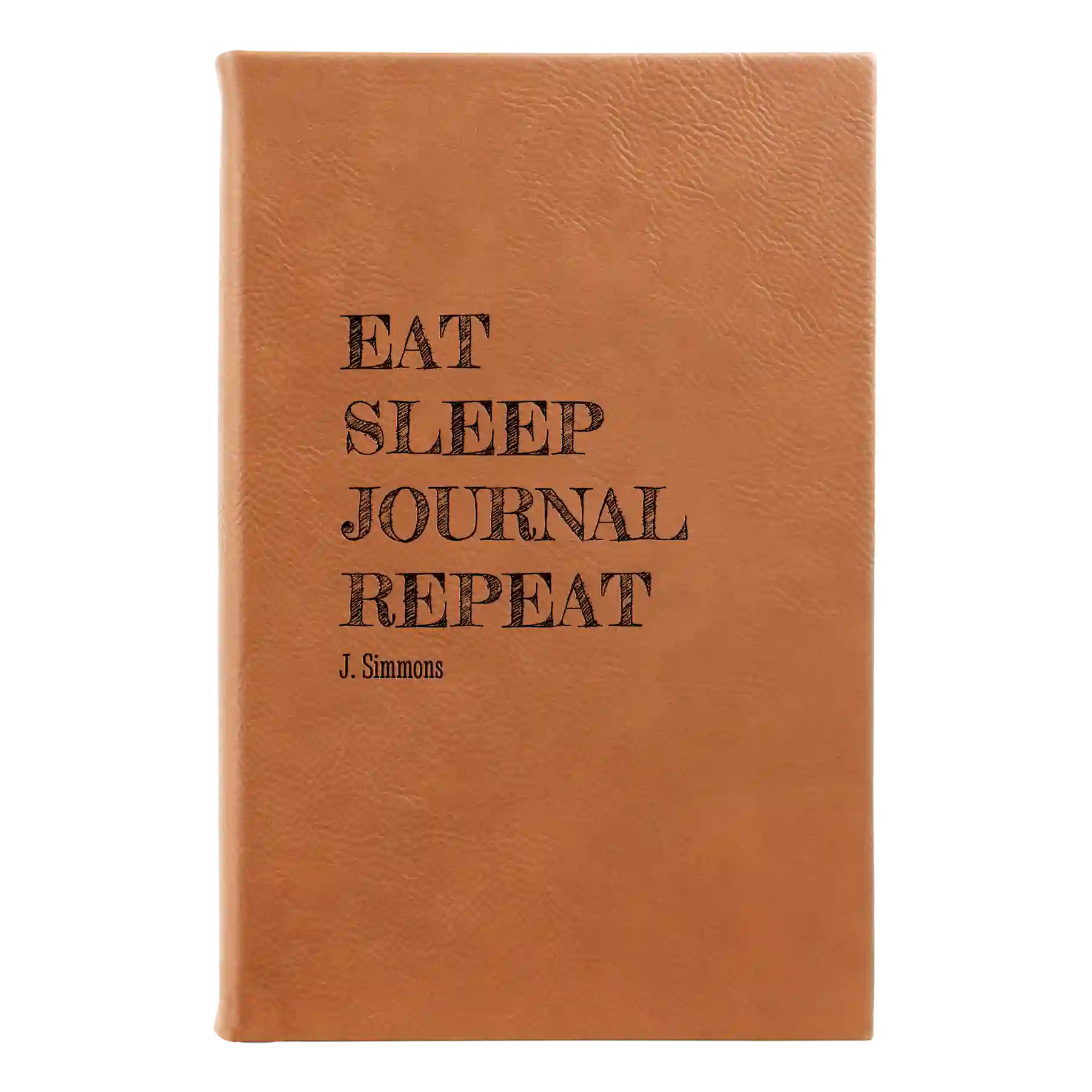 Small rawhide leatherette sketch book laser etched with 'Eat Sleep Journal' design