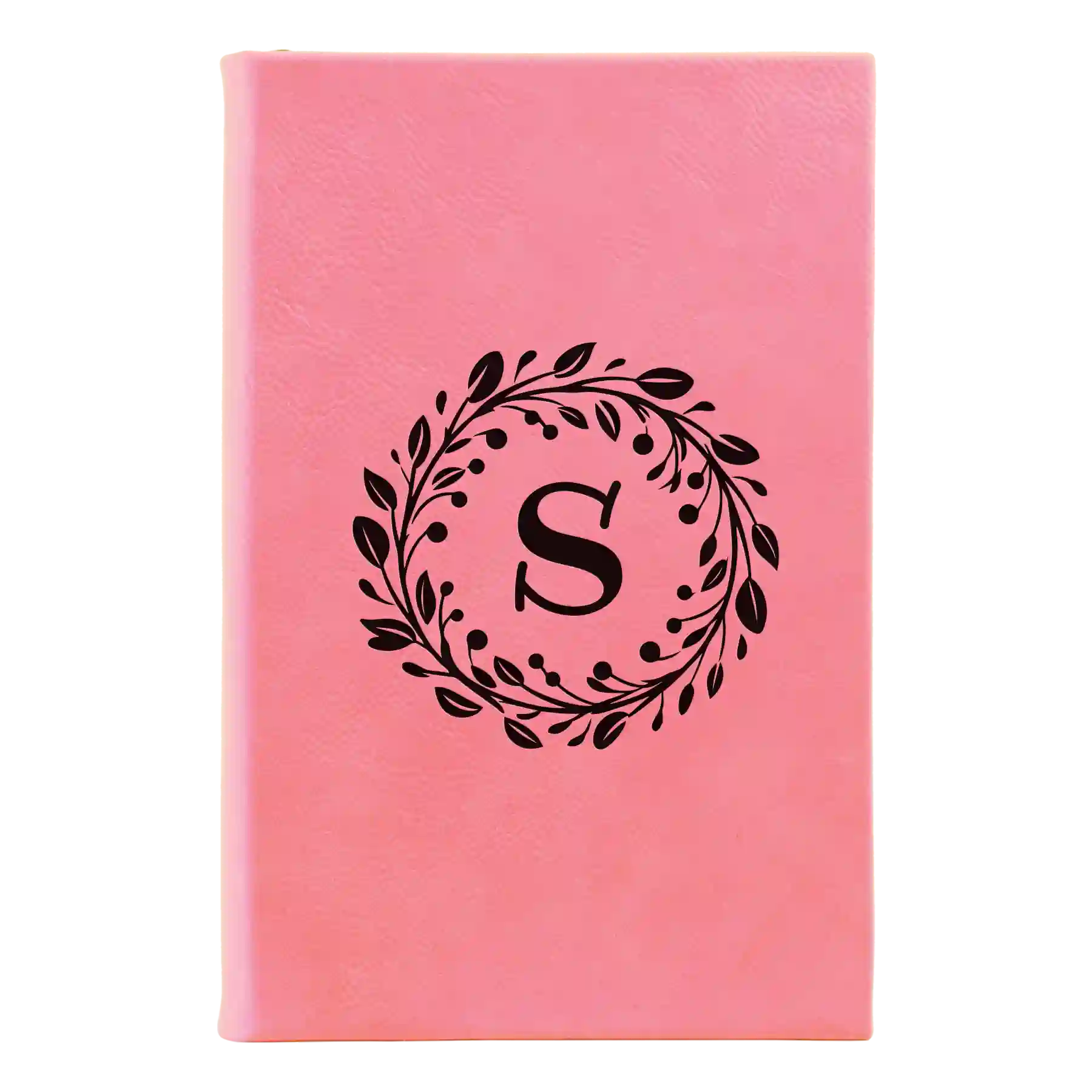 Small pink leatherette journal laser etched with 'Floral Circle with Initial' design