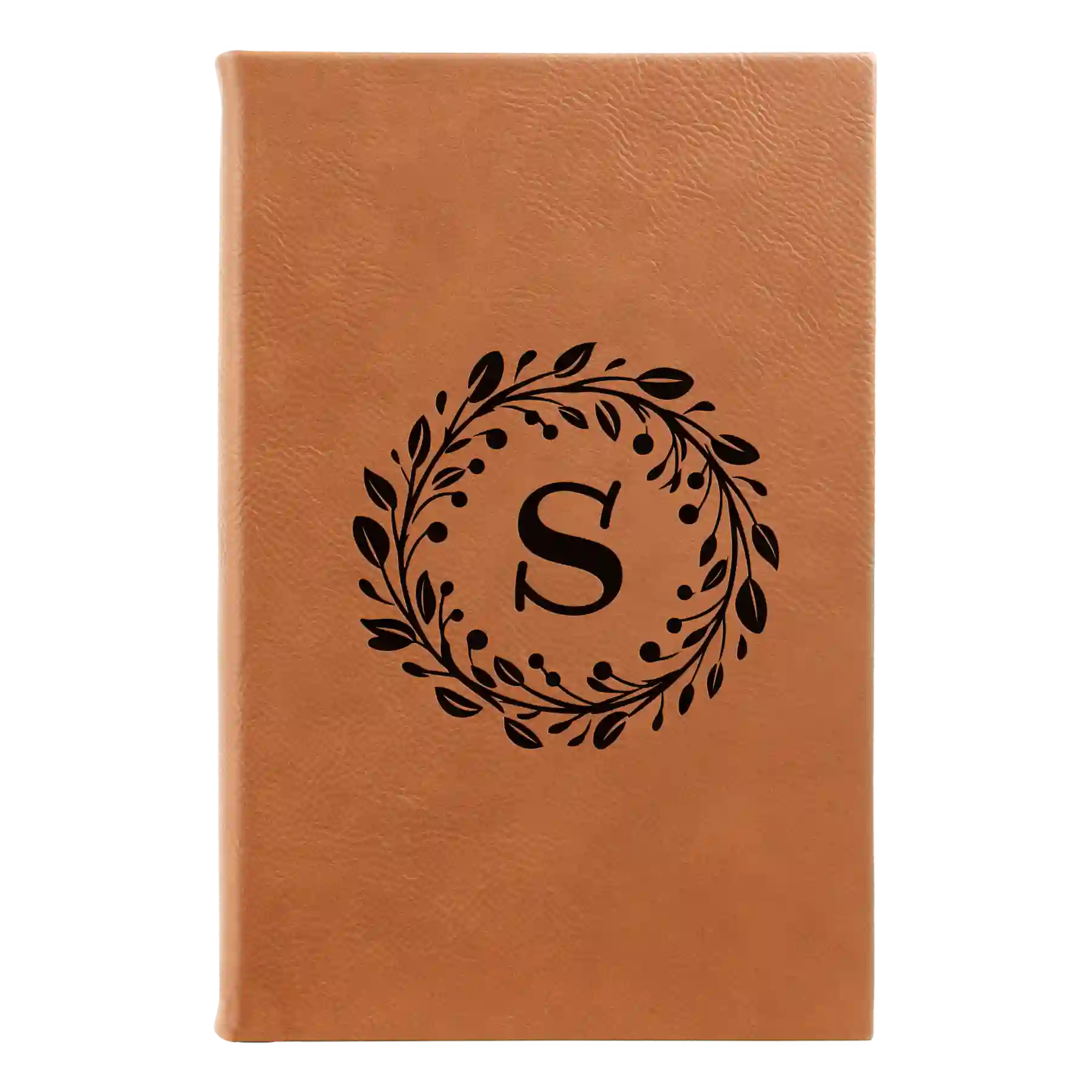 Small rawhide leatherette journal laser etched with 'Floral Circle with Initial' design