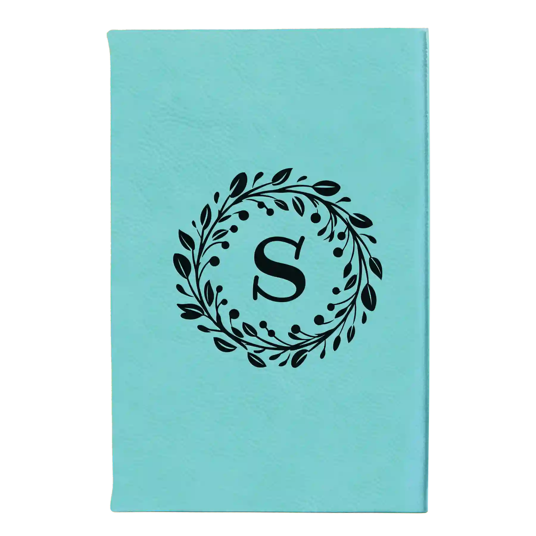 Small teal leatherette journal laser etched with 'Floral Circle with Initial' design