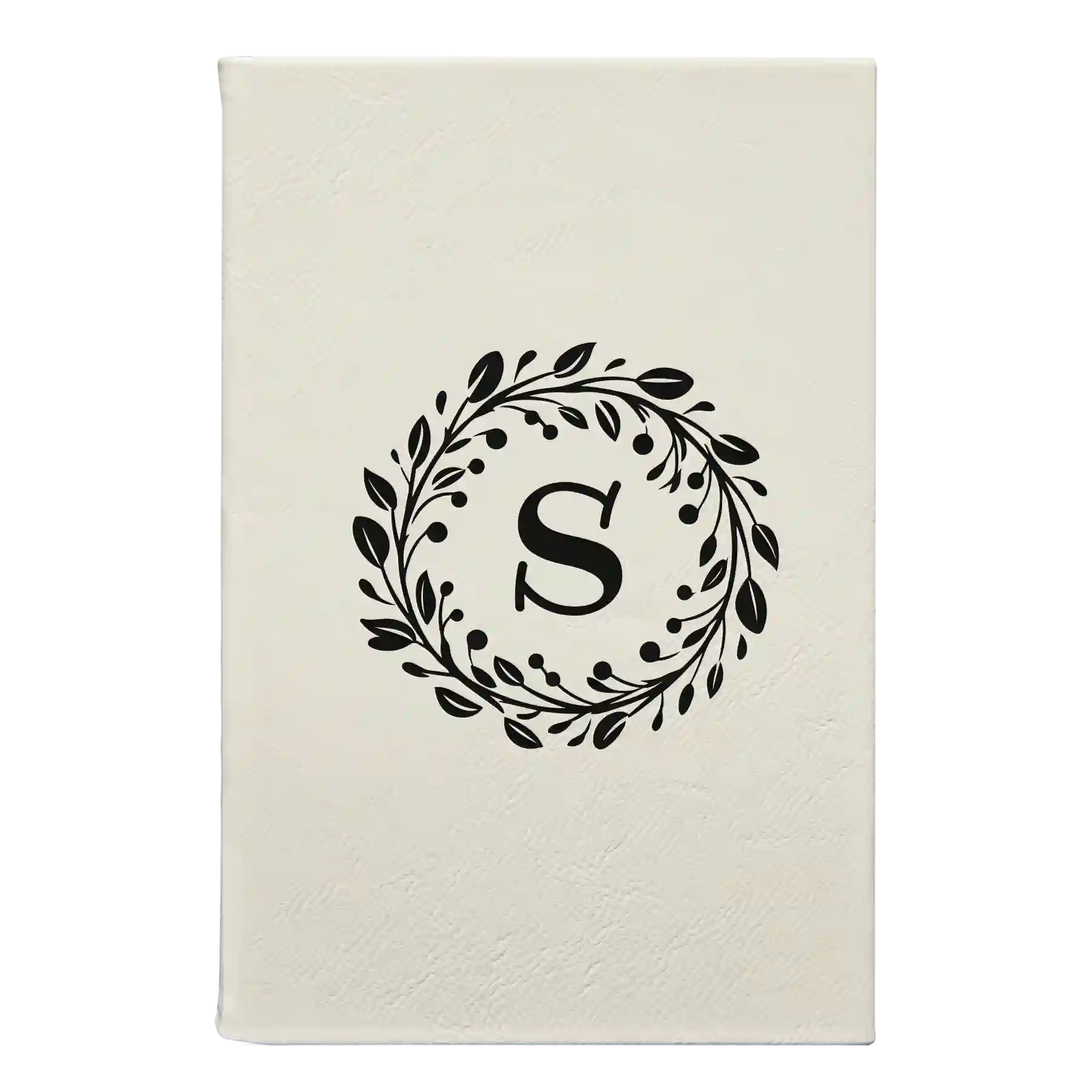 Small white leatherette sketch book laser etched with 'Floral Circle with Initial' design