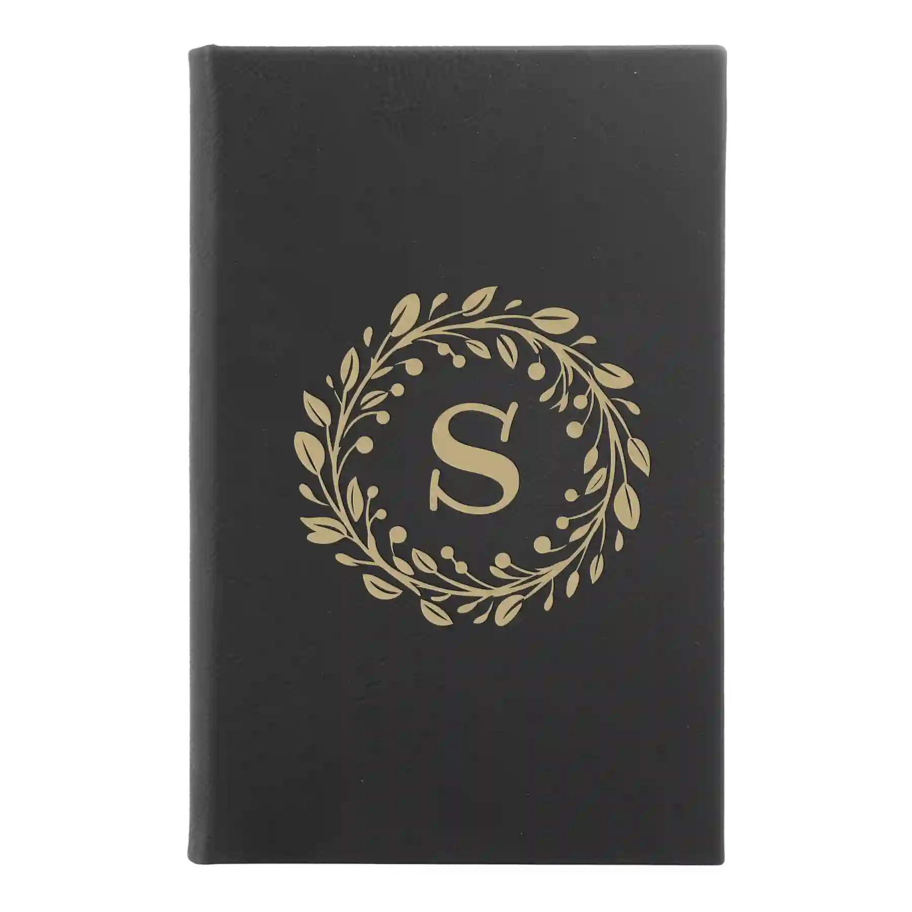 Small black/gold leatherette journal laser etched with 'Floral Circle with Initial' design