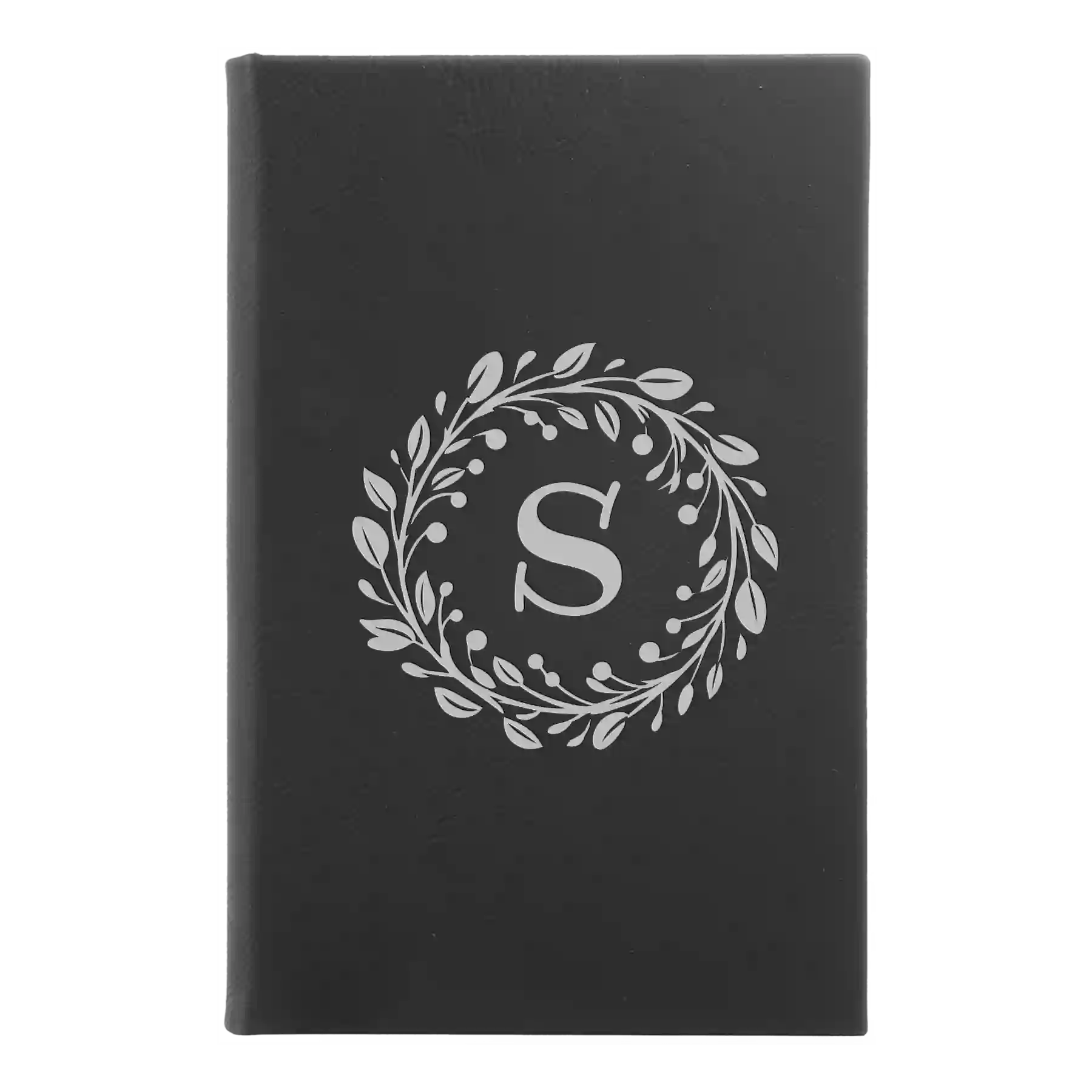 Small black/silver leatherette journal laser etched with 'Floral Circle with Initial' design