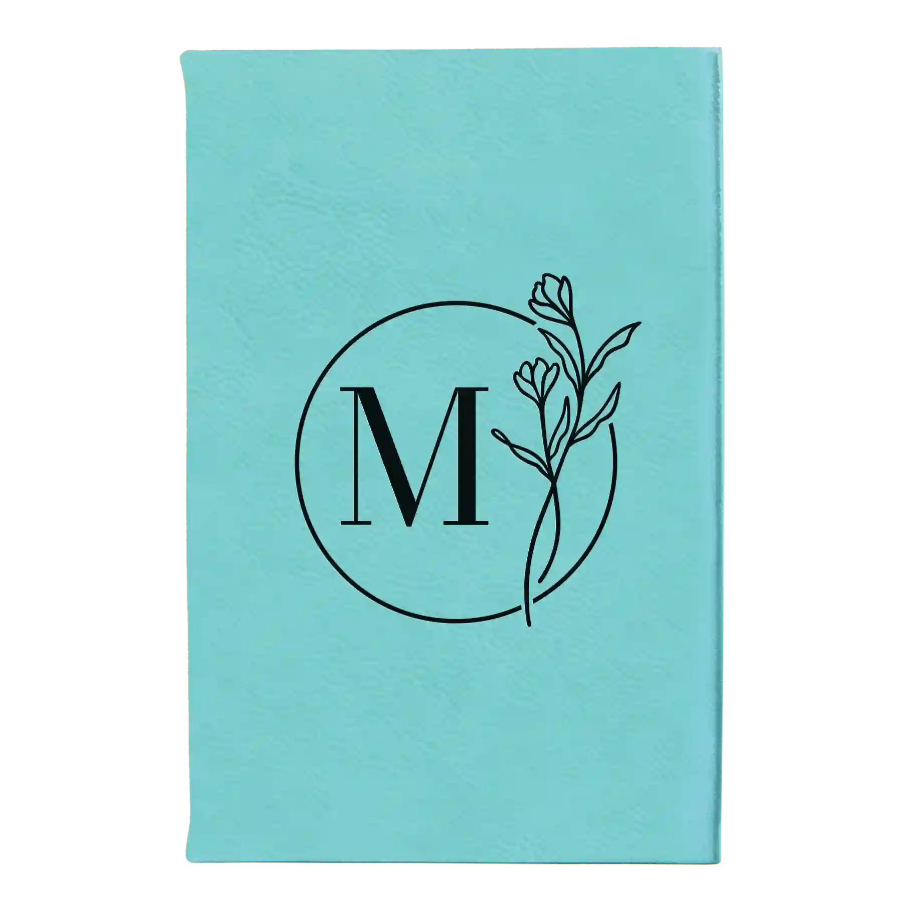 Small teal leatherette sketch book laser etched with 'Floral Circle' design
