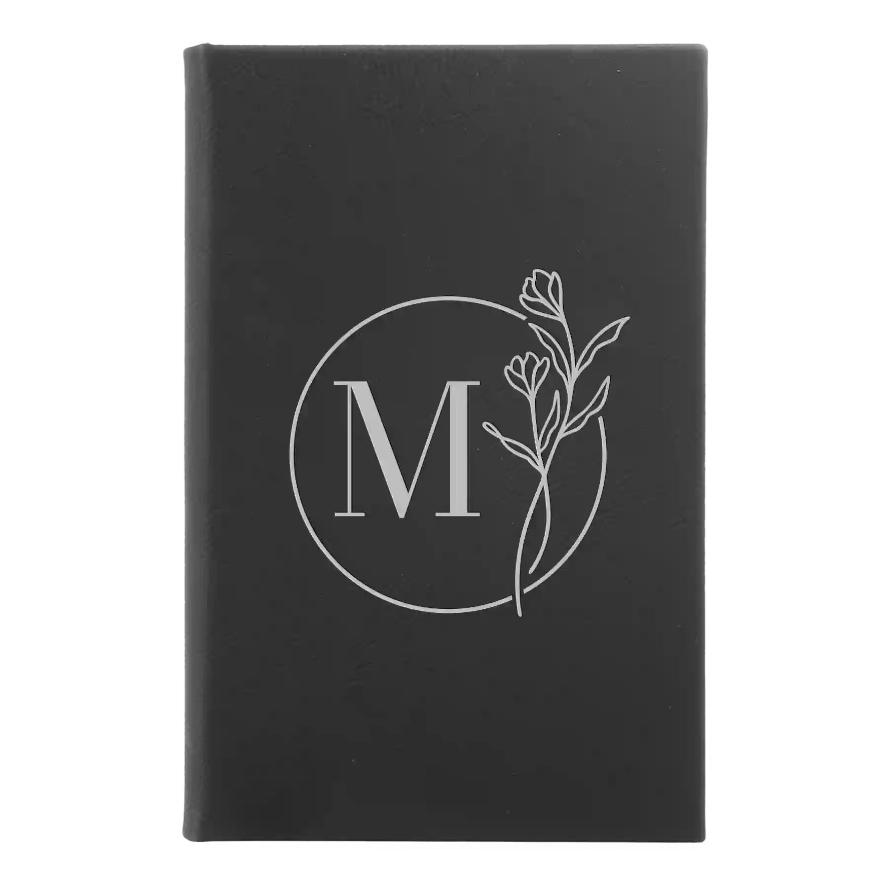 Small black/silver leatherette sketch book laser etched with 'Floral Circle' design