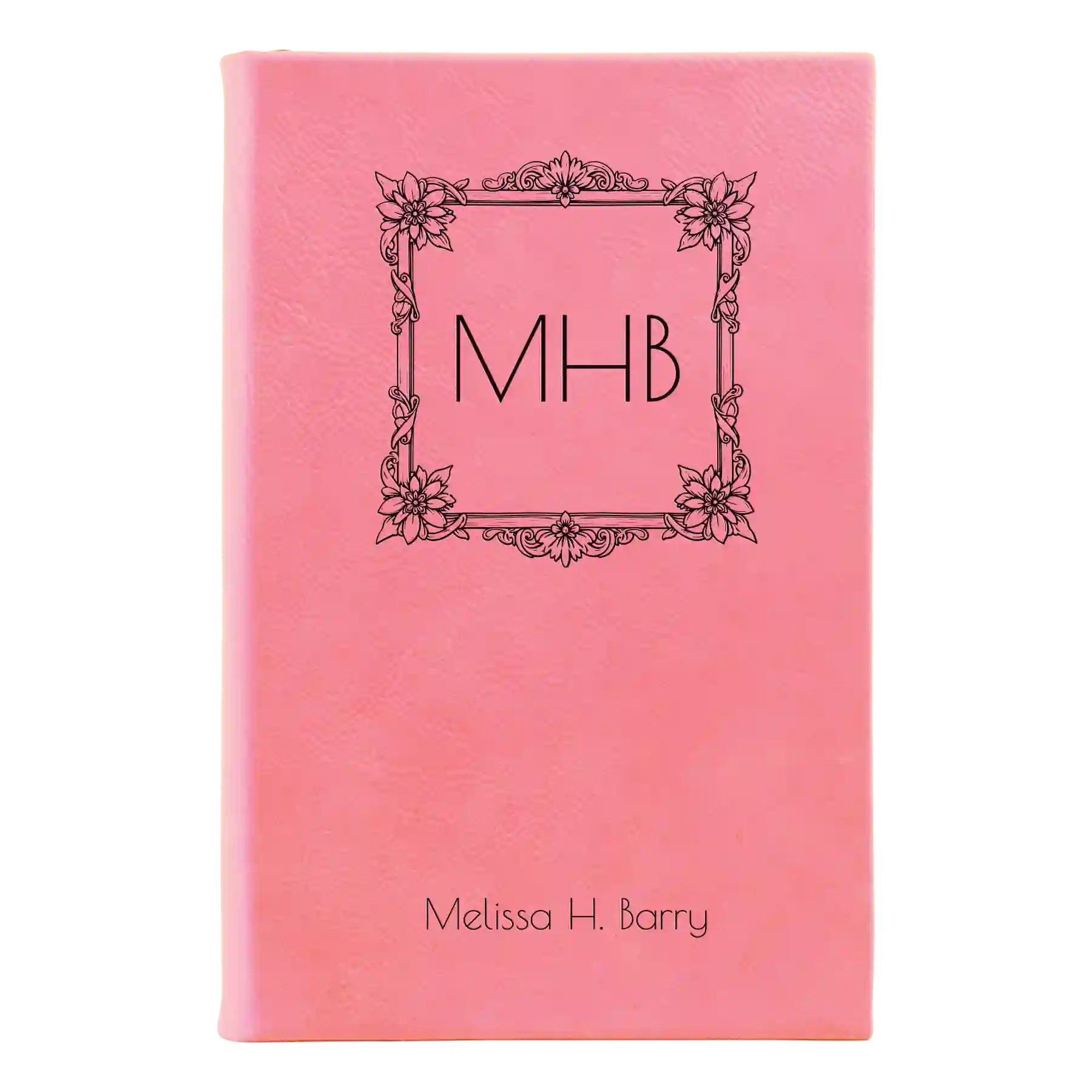 Small pink leatherette sketch book laser etched with 'Floral Frame' design