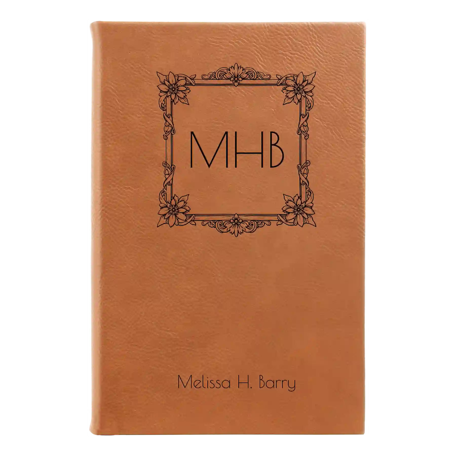Small rawhide leatherette journal laser etched with 'Floral Frame' design
