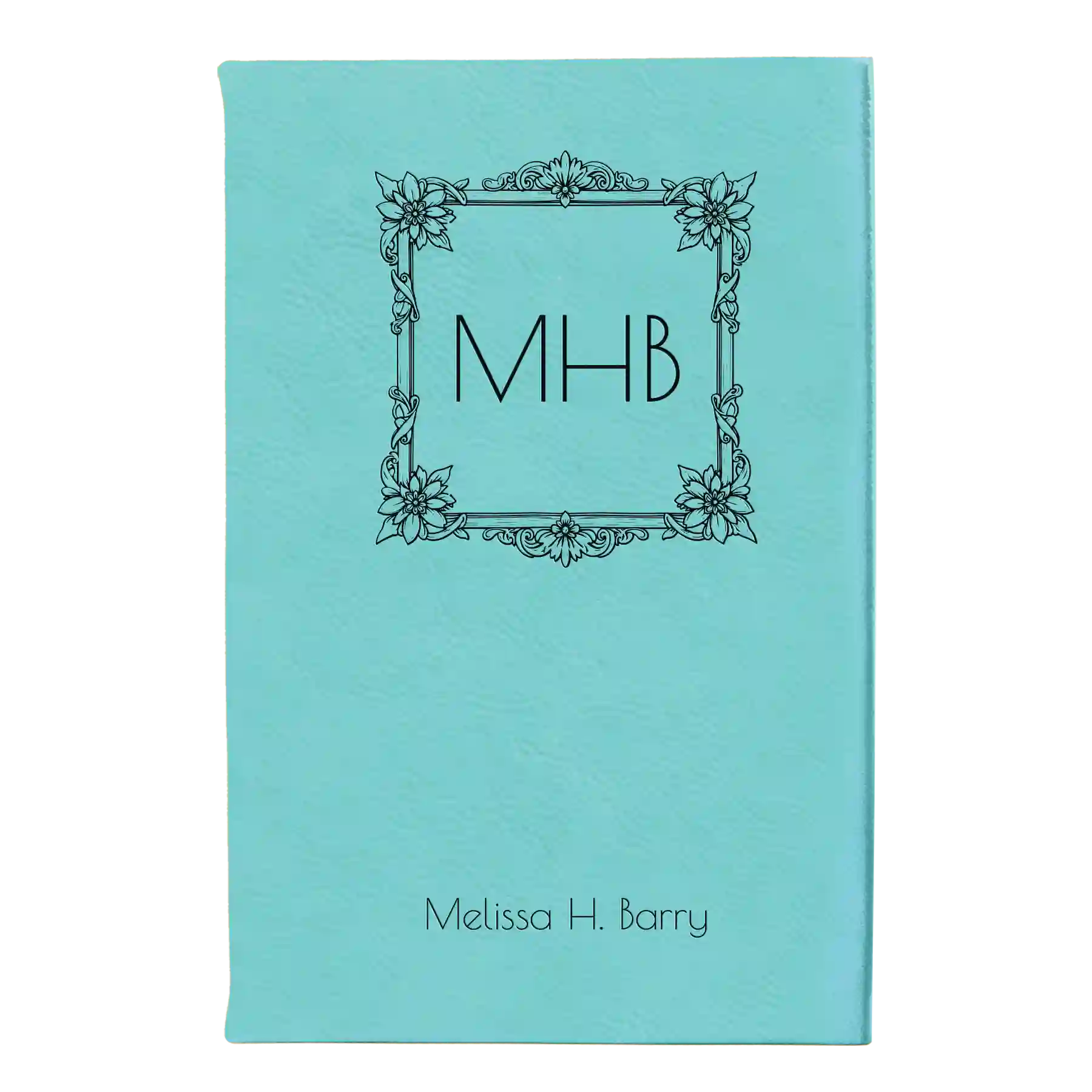 Small teal leatherette sketch book laser etched with 'Floral Frame' design