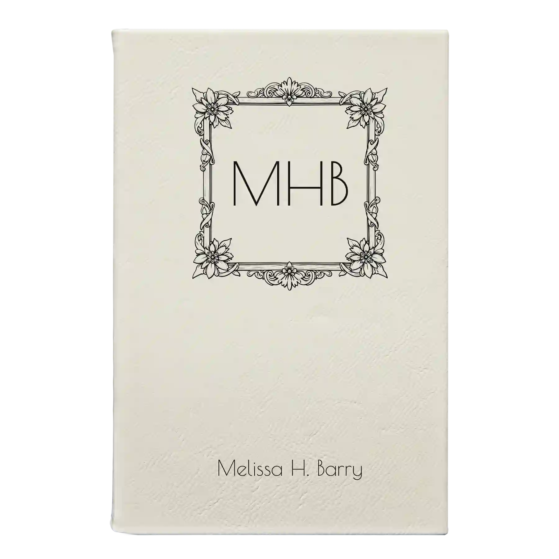 Small white leatherette sketch book laser etched with 'Floral Frame' design