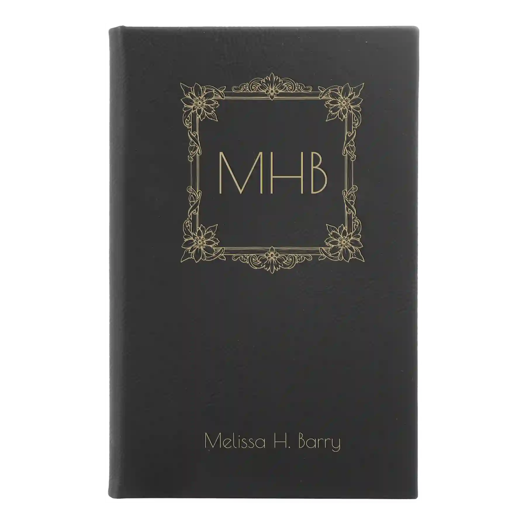 Small black/gold leatherette sketch book laser etched with 'Floral Frame' design