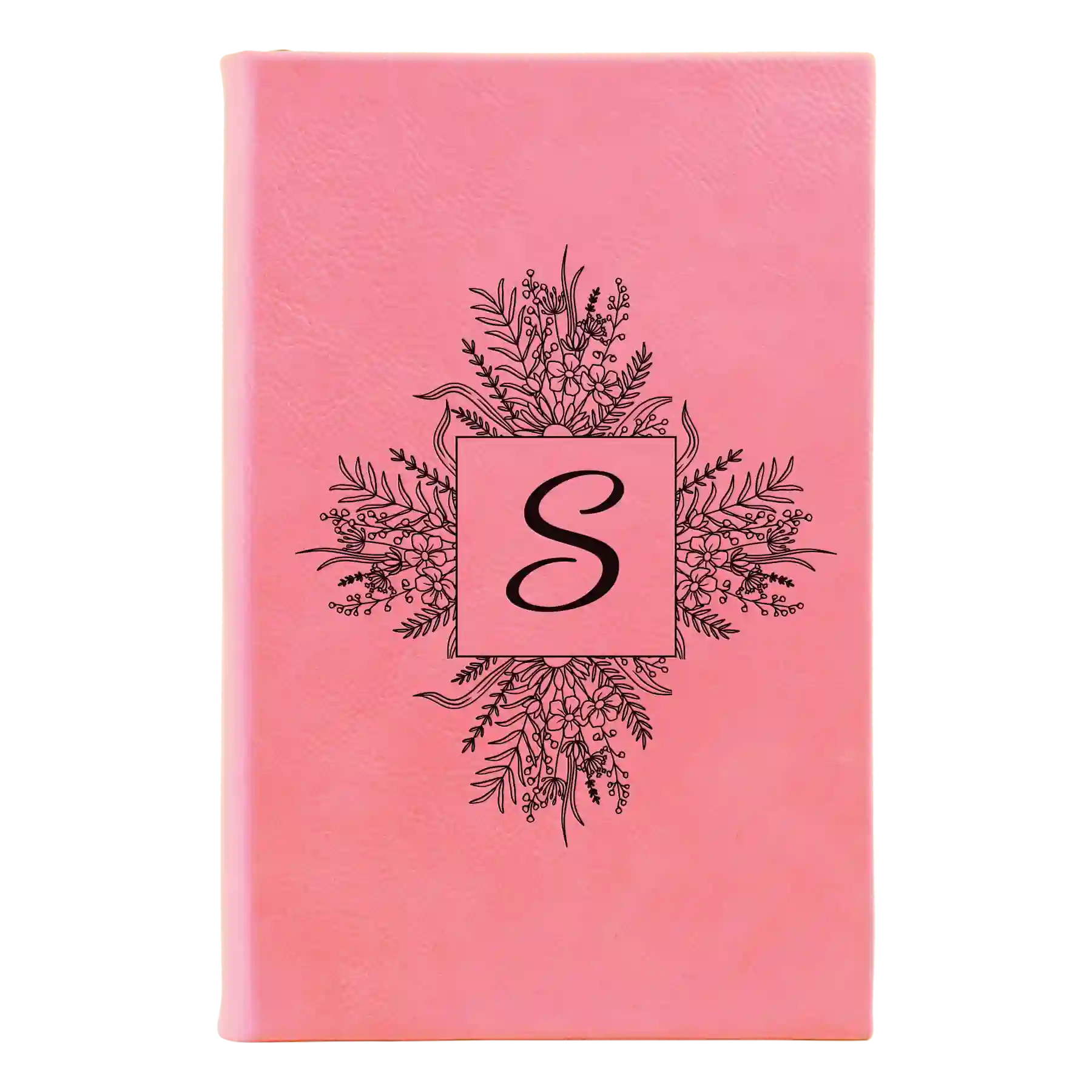 Small pink leatherette journal laser etched with 'Floral Initals' design