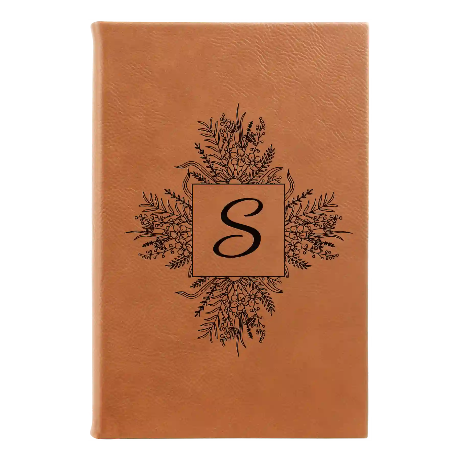 Small rawhide leatherette sketch book laser etched with 'Floral Initals' design