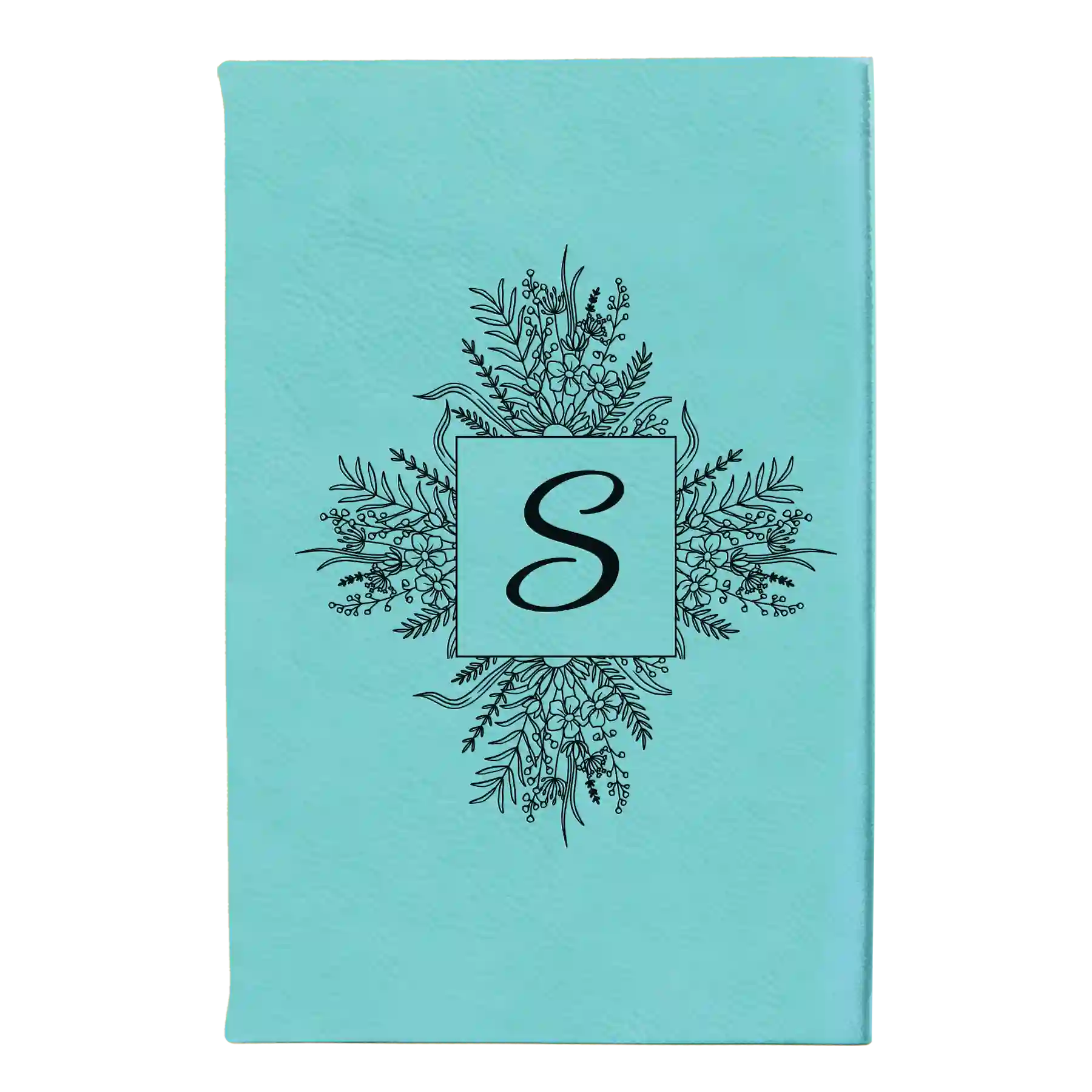 Small teal leatherette journal laser etched with 'Floral Initals' design