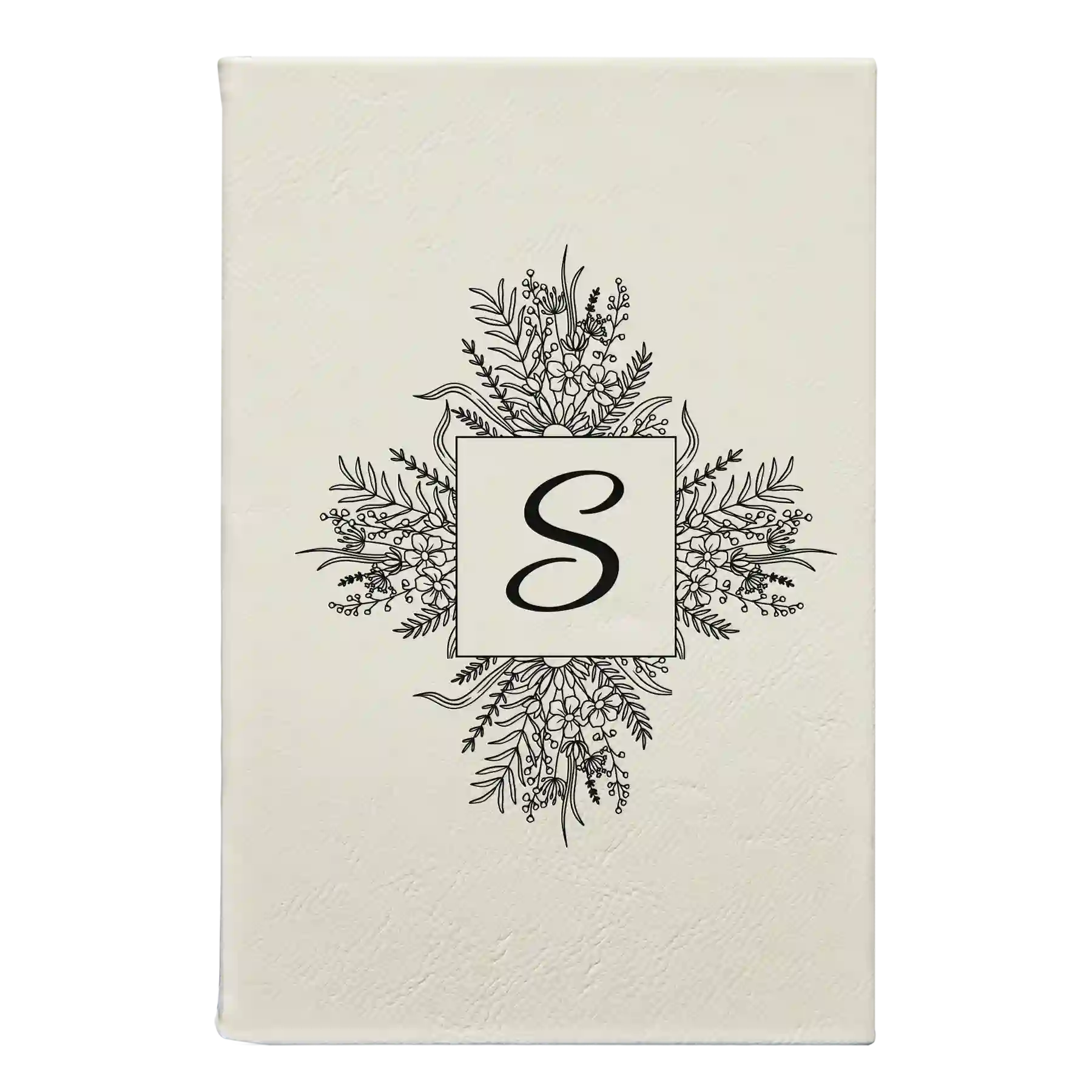 Small white leatherette journal laser etched with 'Floral Initals' design