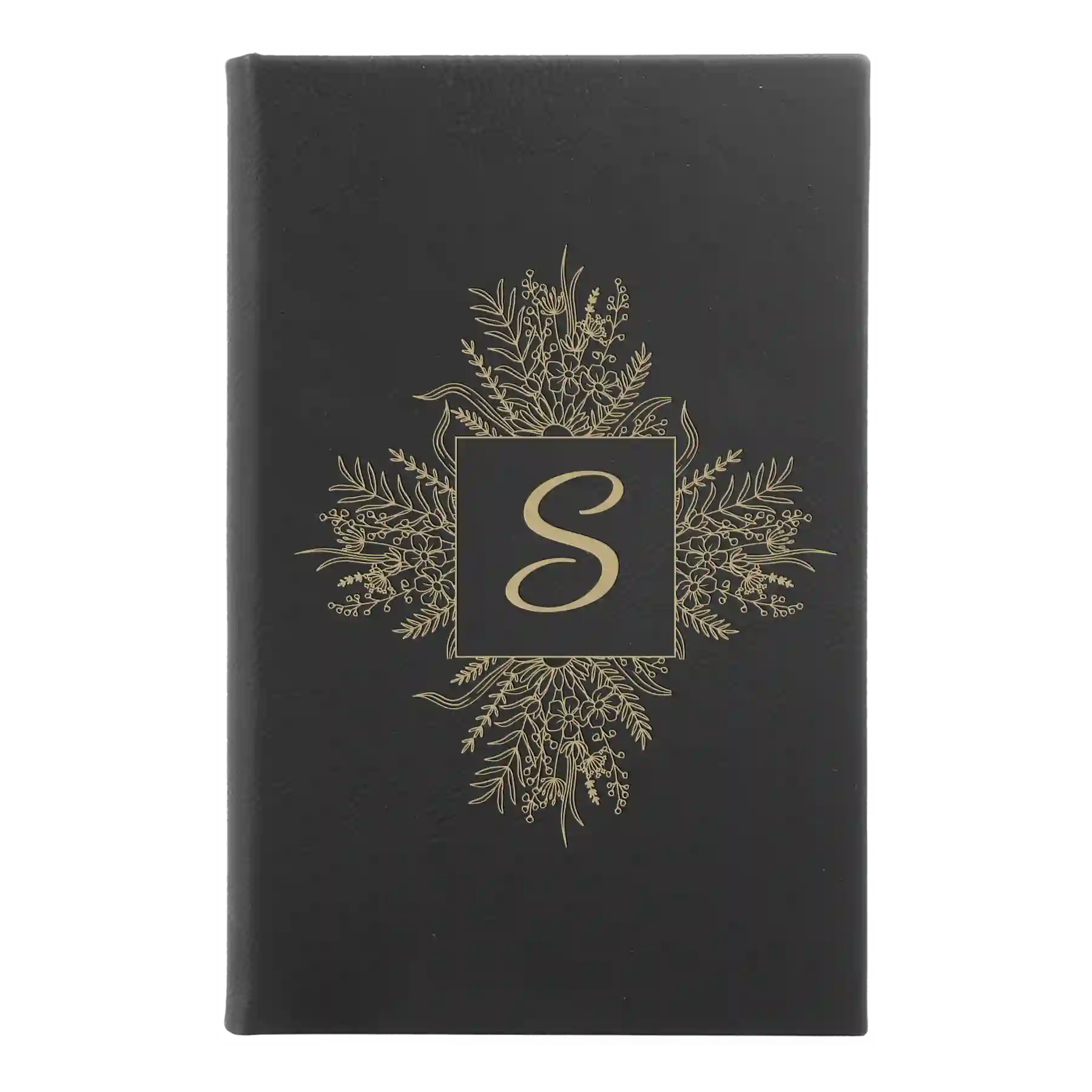 Small black/gold leatherette journal laser etched with 'Floral Initals' design