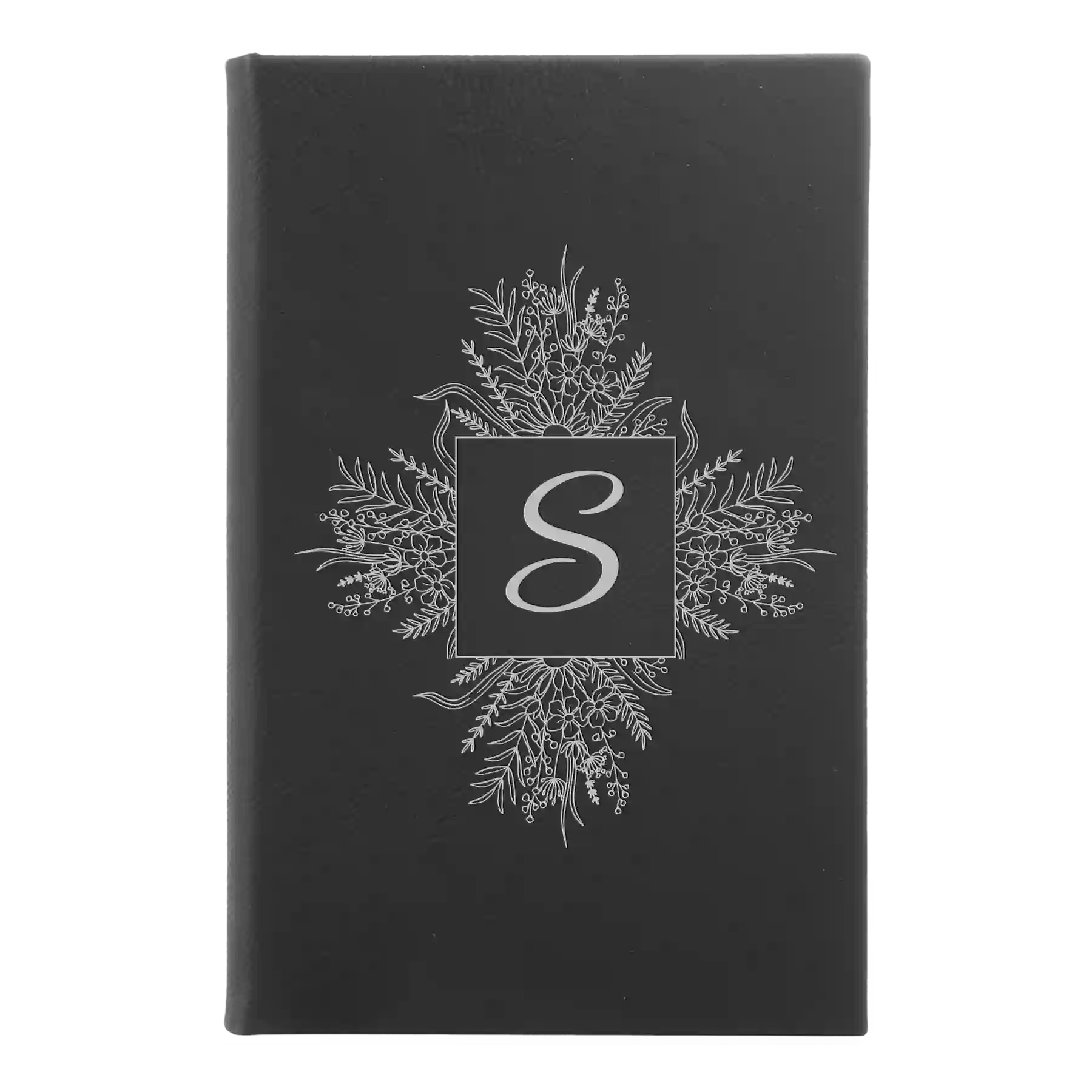 Small black/silver leatherette journal laser etched with 'Floral Initals' design