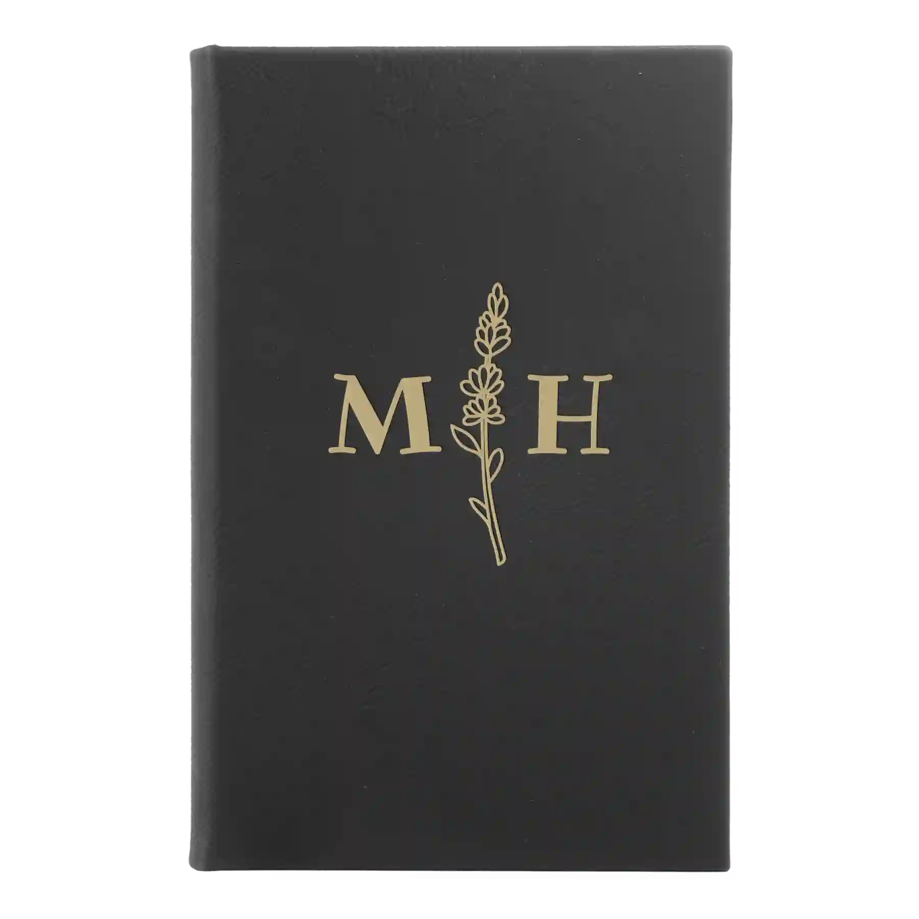 Small black/gold leatherette sketch book laser etched with 'Flower Initial' design