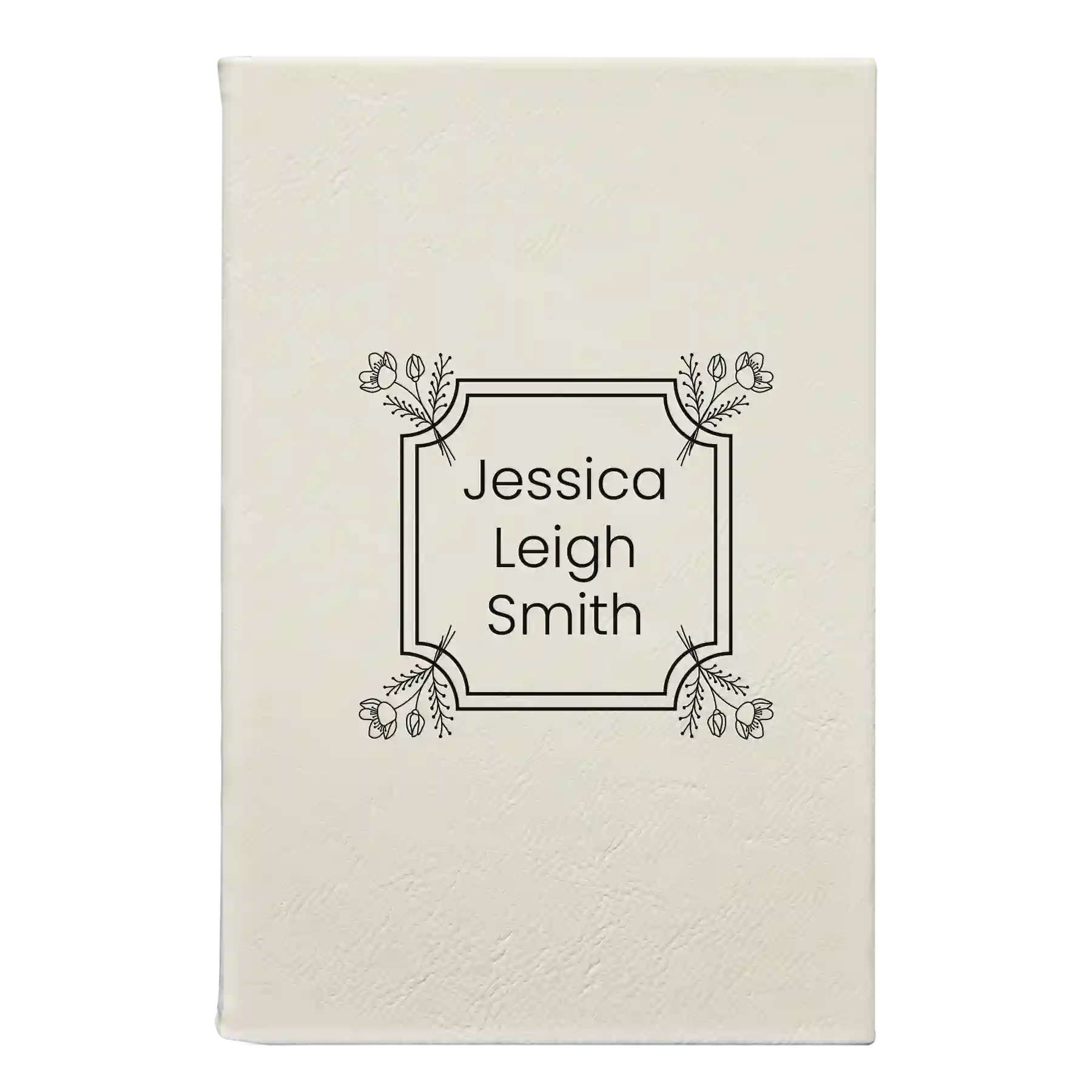 Small white leatherette sketch book laser etched with 'Flower Square' design