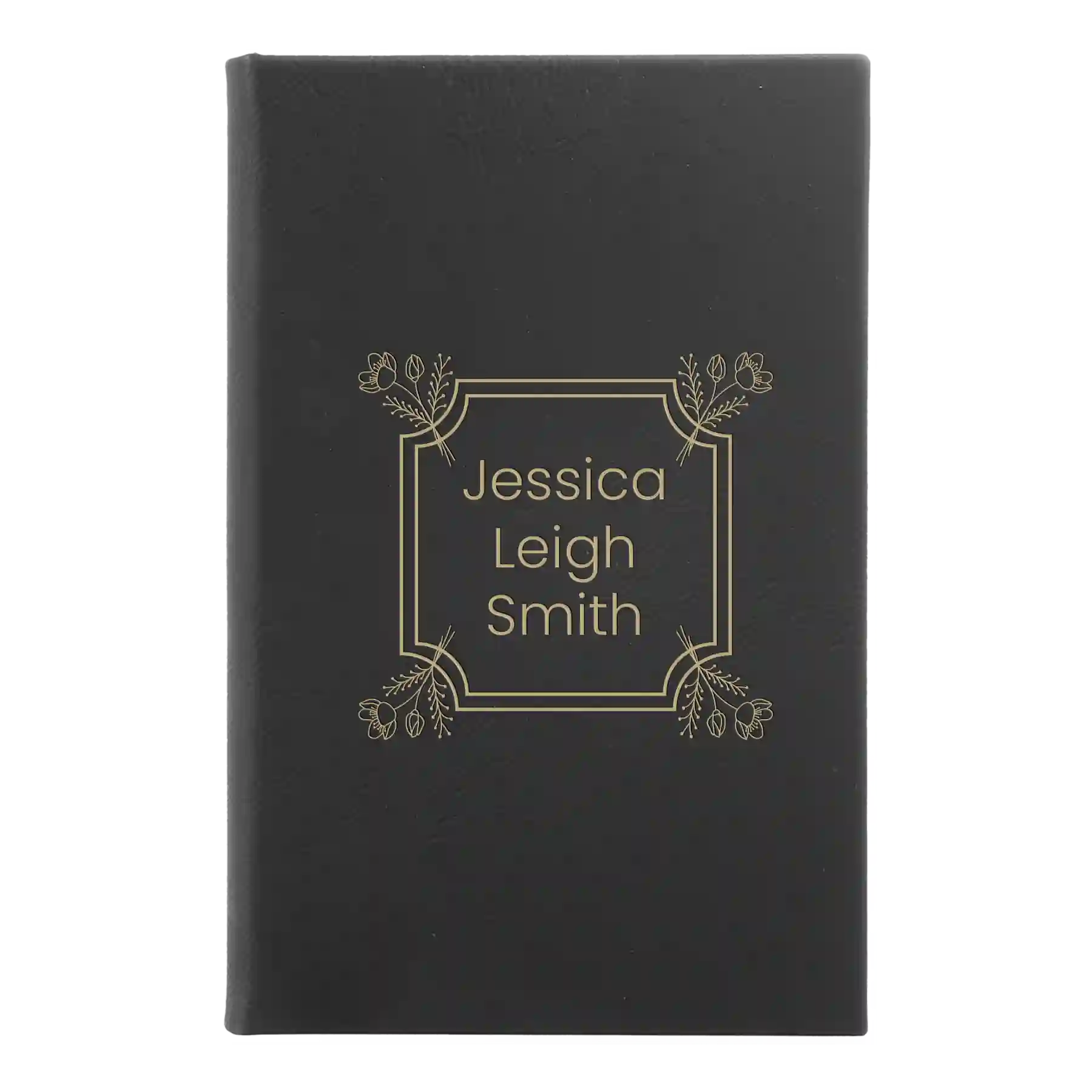 Small black/gold leatherette journal laser etched with 'Flower Square' design