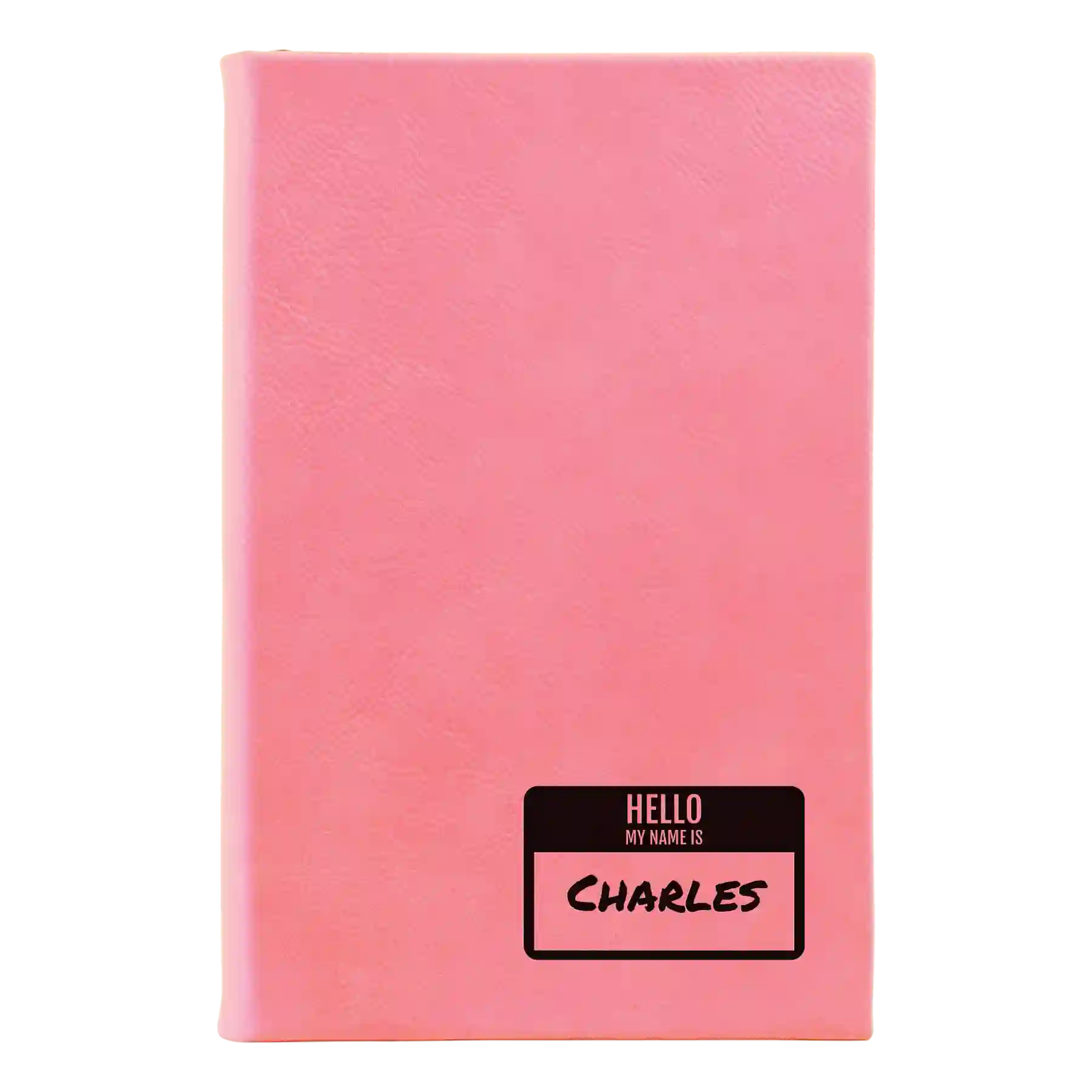Small pink leatherette sketch book laser etched with 'Hello My Name is' design