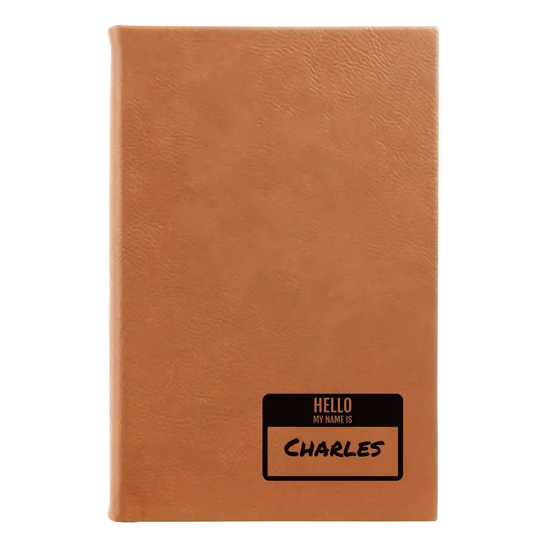Small rawhide leatherette sketch book laser etched with 'Hello My Name is' design