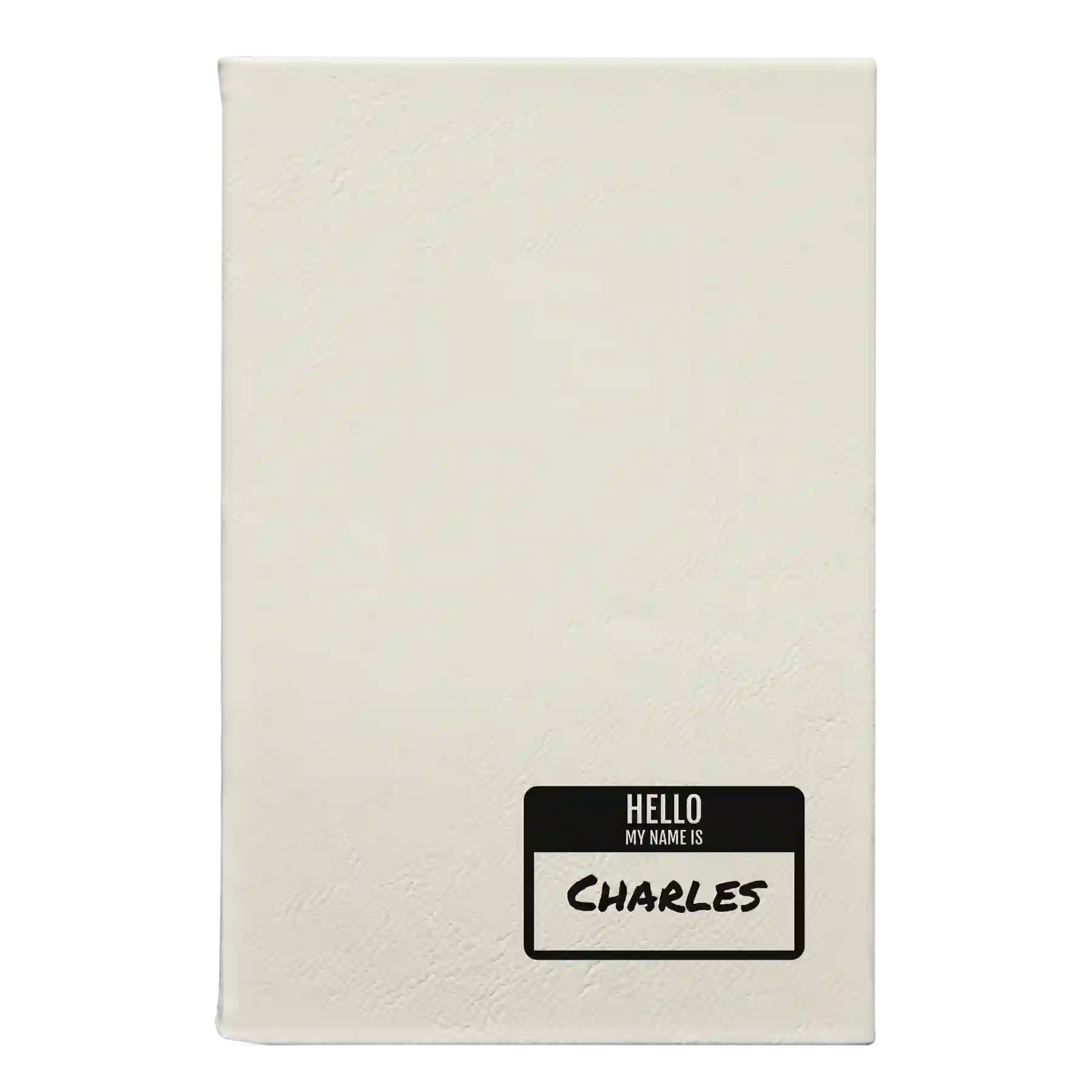 Small white leatherette sketch book laser etched with 'Hello My Name is' design