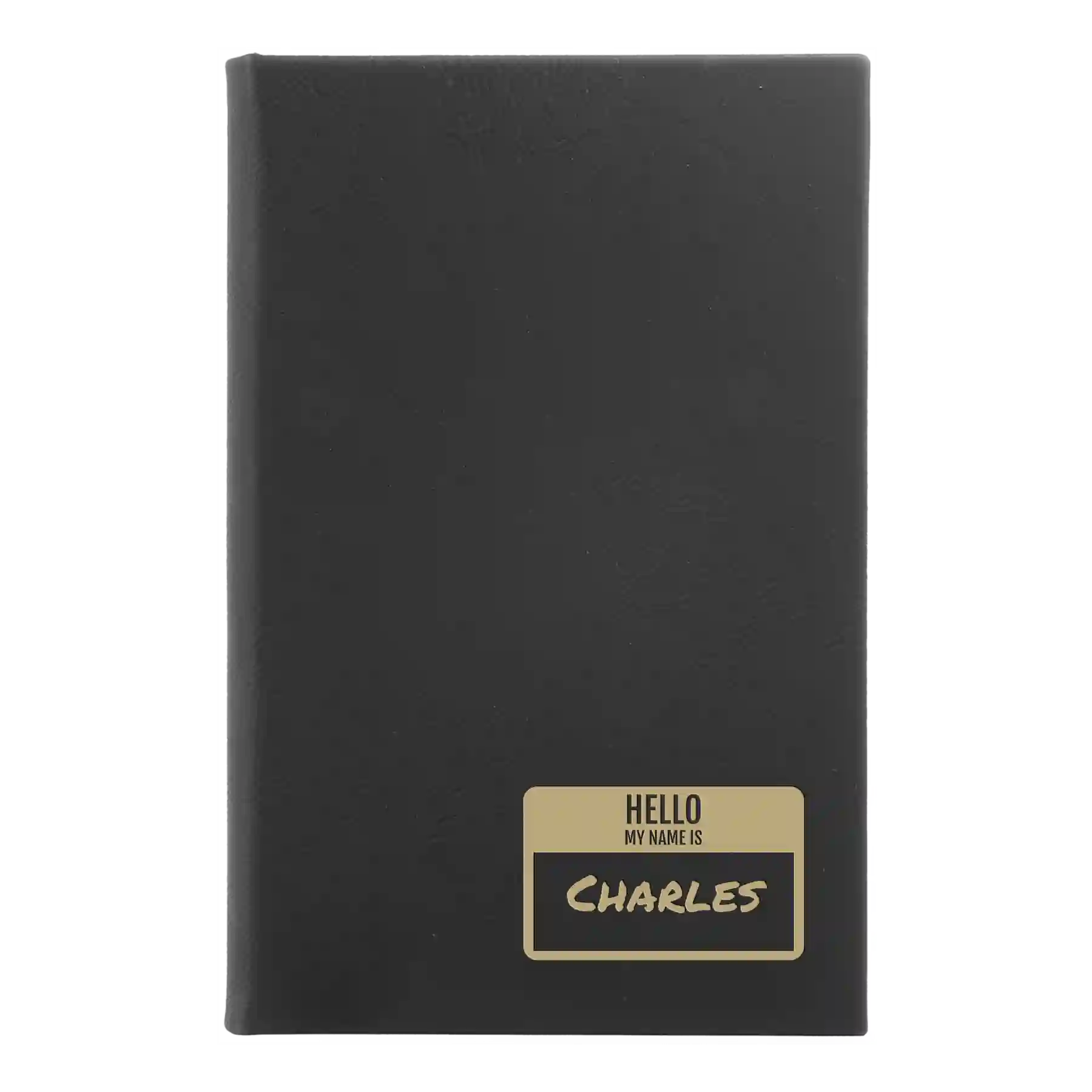 Small black/gold leatherette journal laser etched with 'Hello My Name is' design
