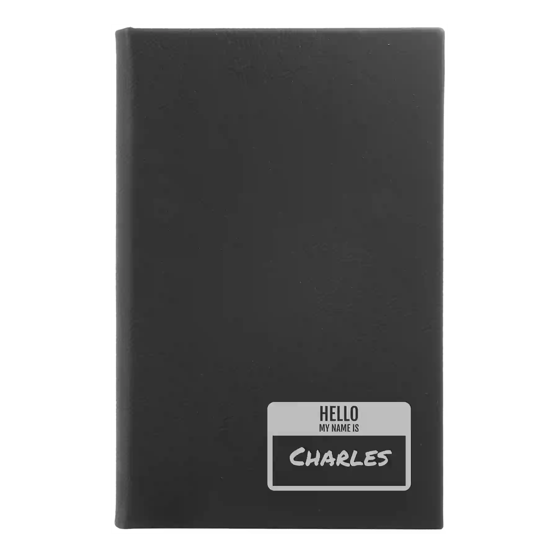 Small black/silver leatherette journal laser etched with 'Hello My Name is' design