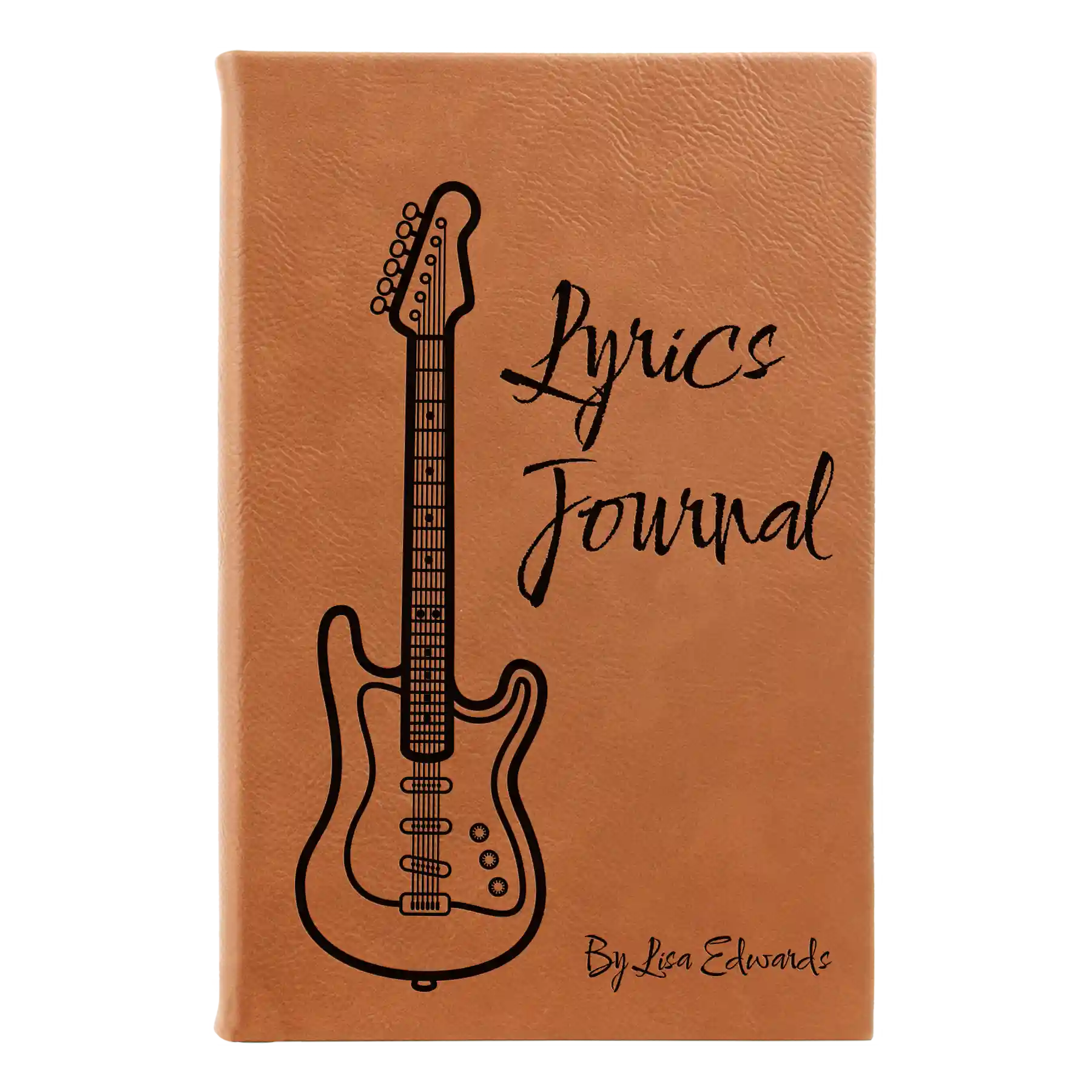 Small rawhide leatherette sketch book laser etched with 'Lyrics' design