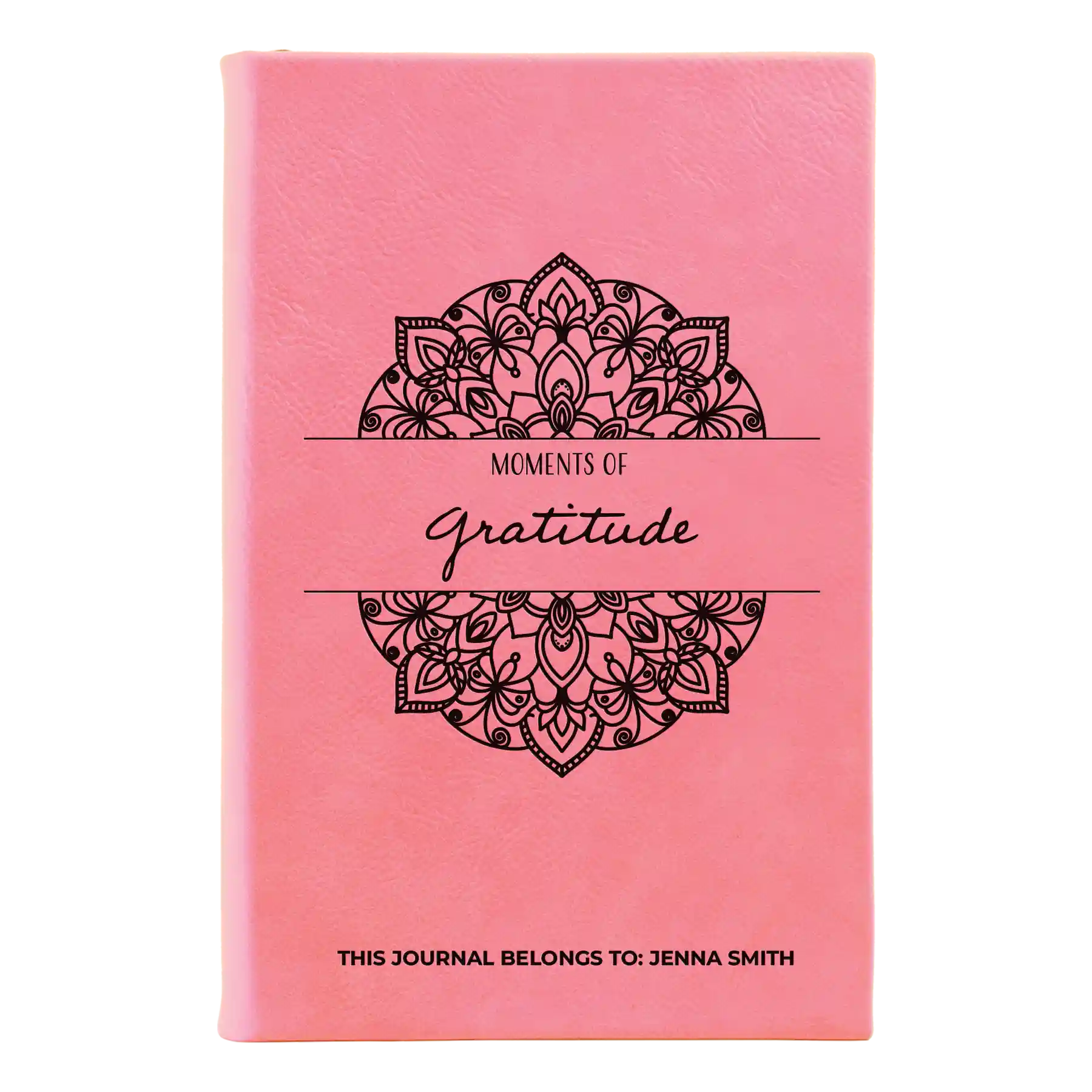 Small pink leatherette journal laser etched with 'Moments of Gratitude' design