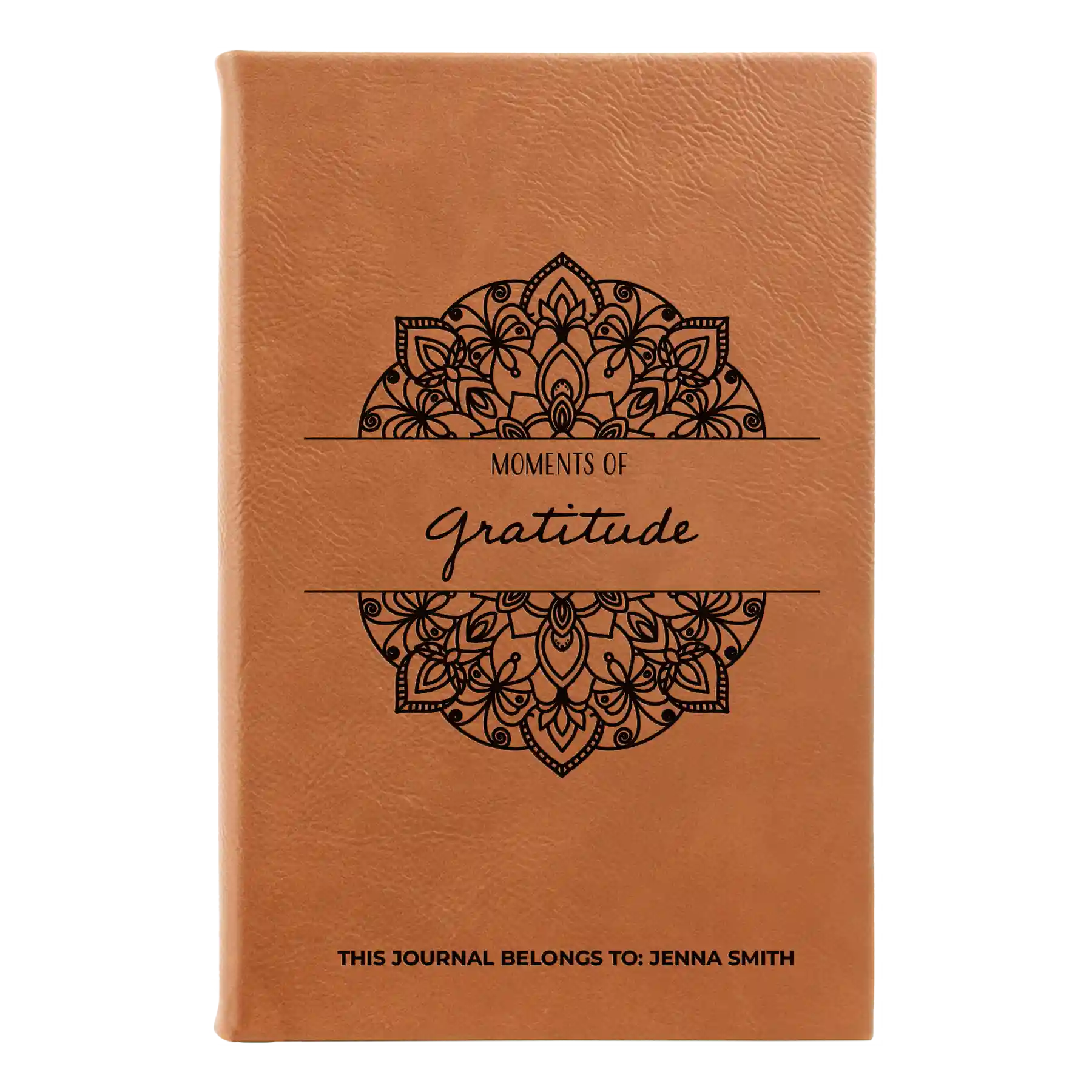 Small rawhide leatherette sketch book laser etched with 'Moments of Gratitude' design