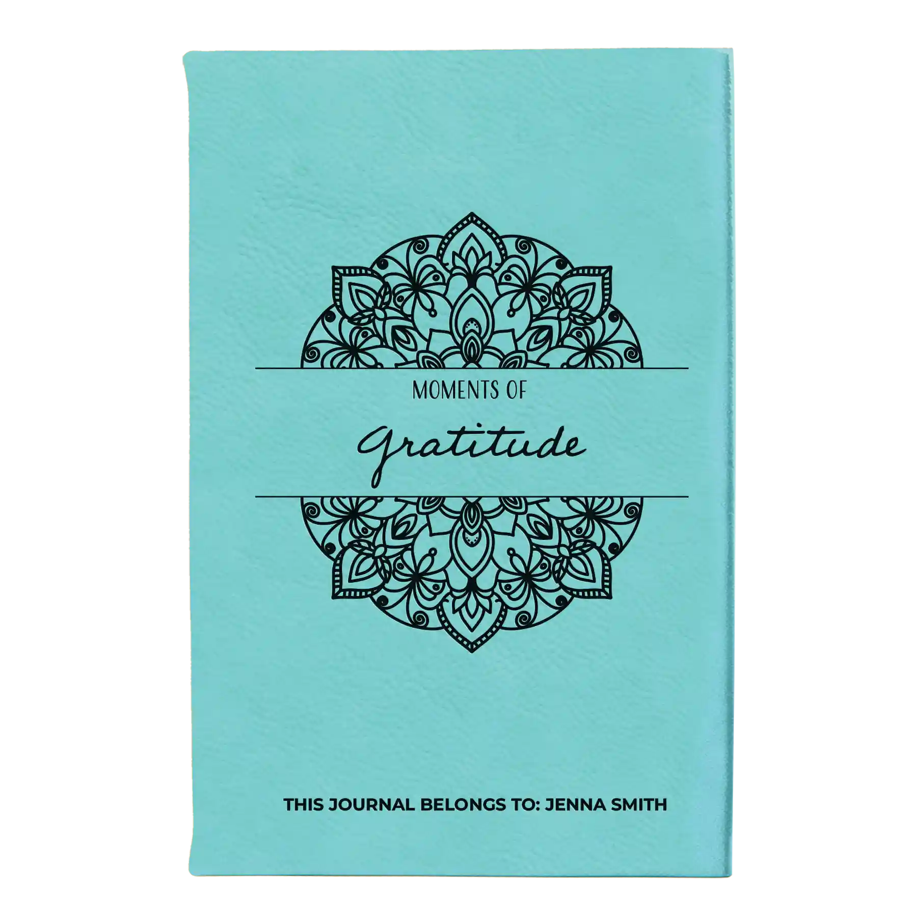 Small teal leatherette journal laser etched with 'Moments of Gratitude' design