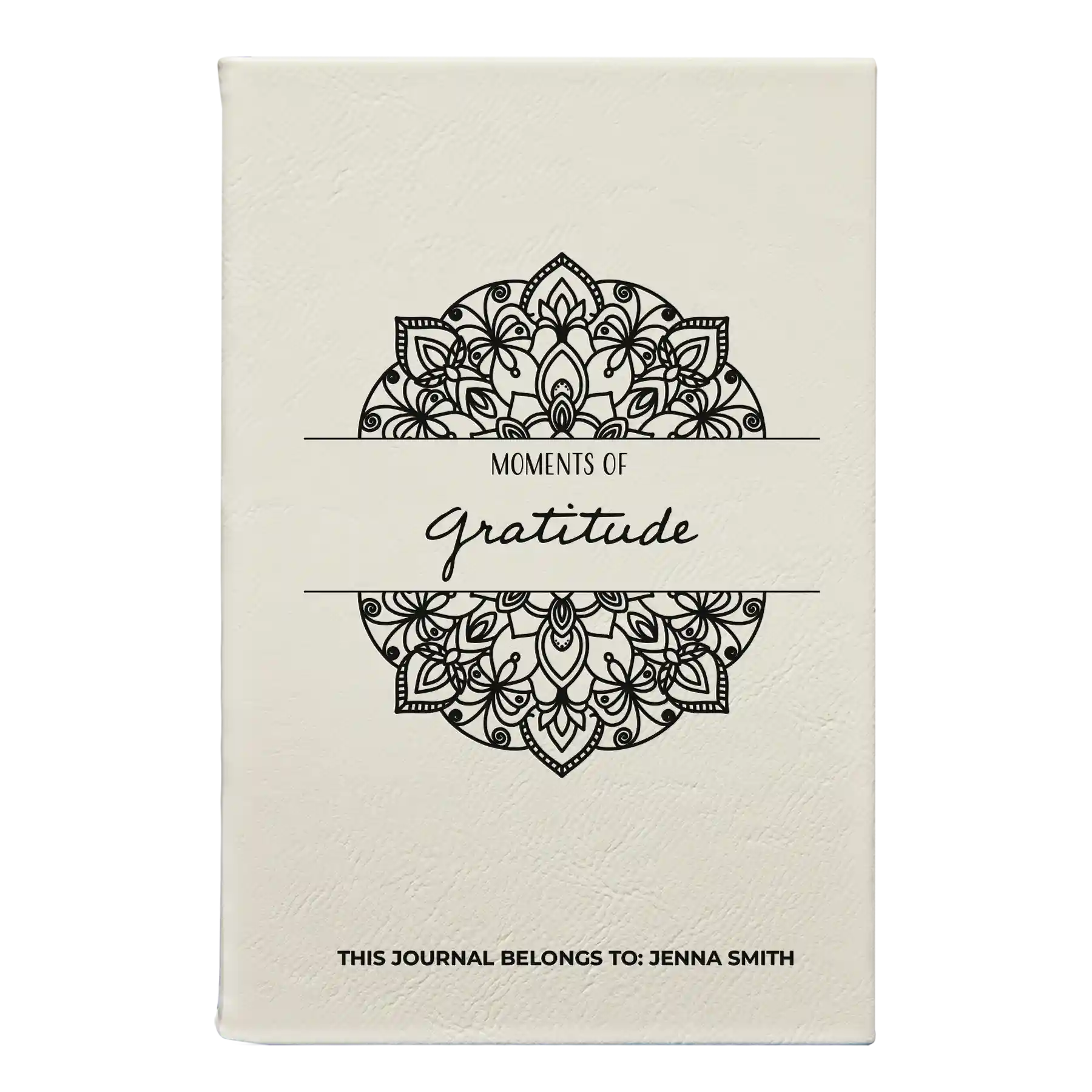 Small white leatherette journal laser etched with 'Moments of Gratitude' design