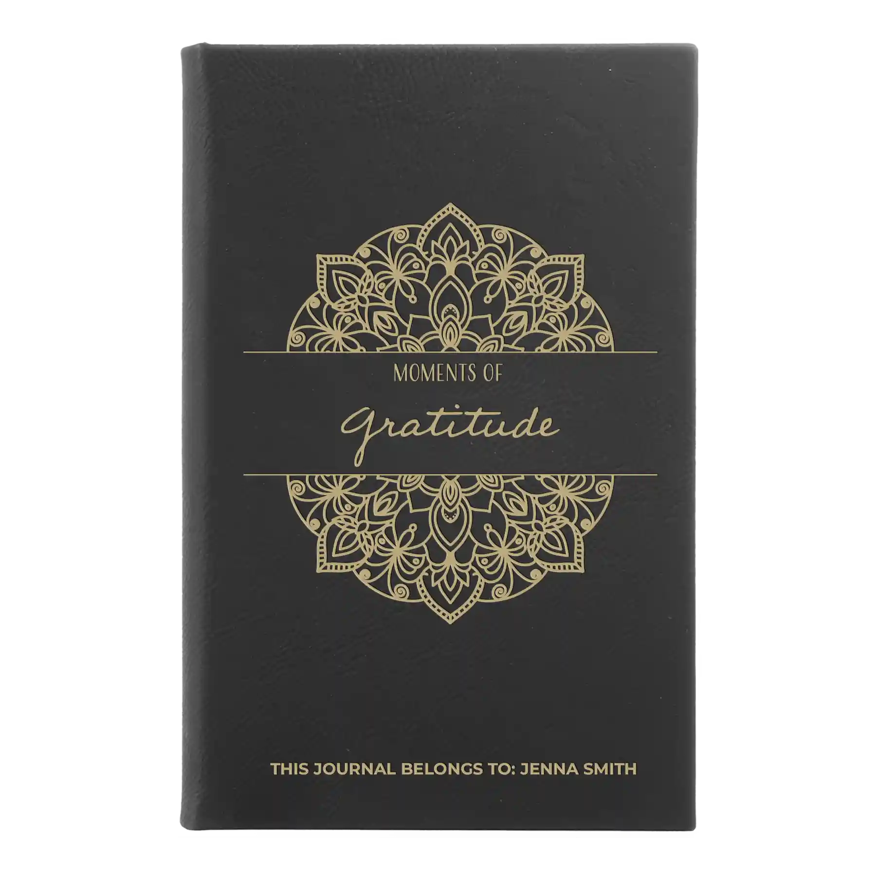 Small black/gold leatherette journal laser etched with 'Moments of Gratitude' design